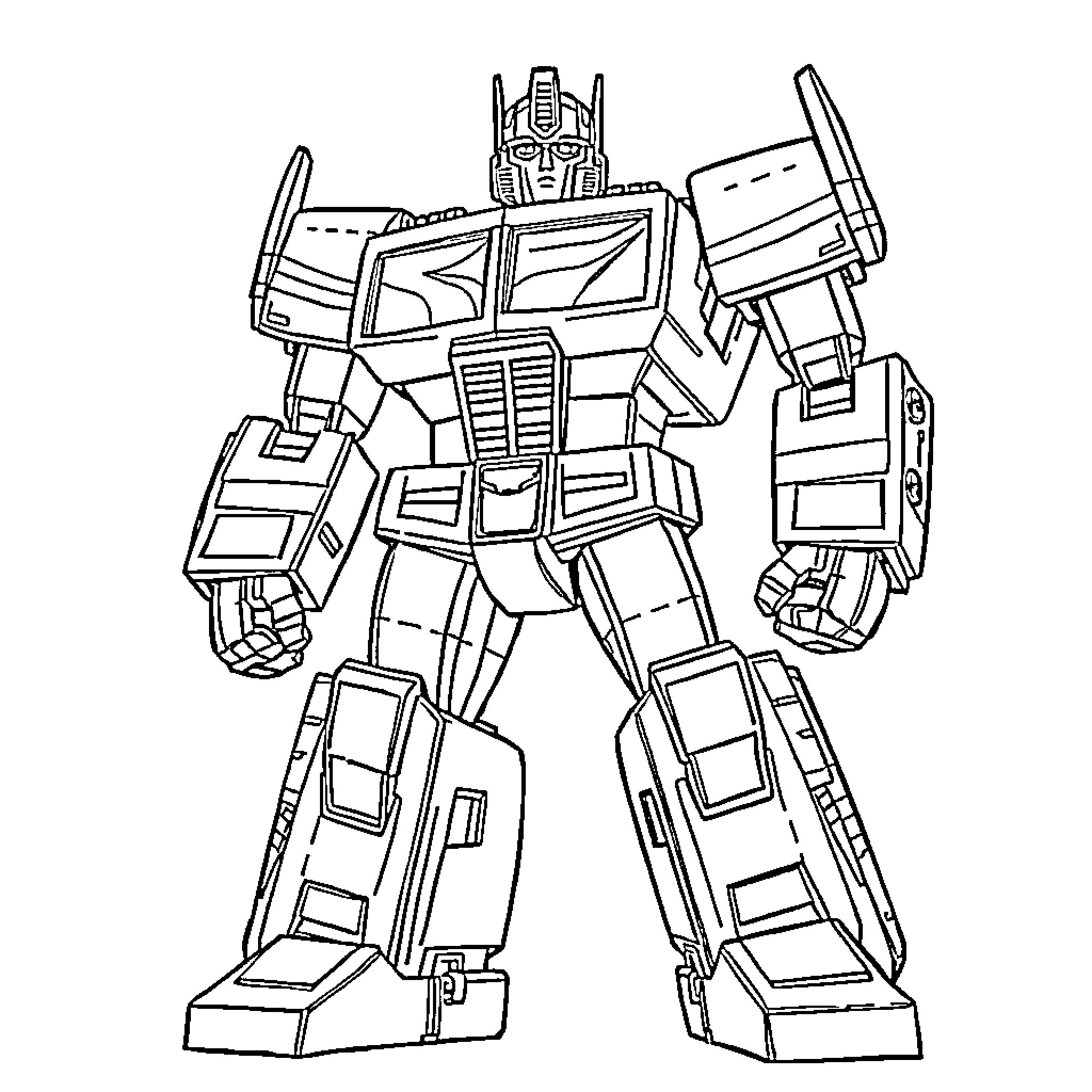 Optimus Prime robot in action pose Coloring Page (free black-and-white line drawing printable PDF for all, from beginners to advanced learners, including children, teens, adults, and seniors)