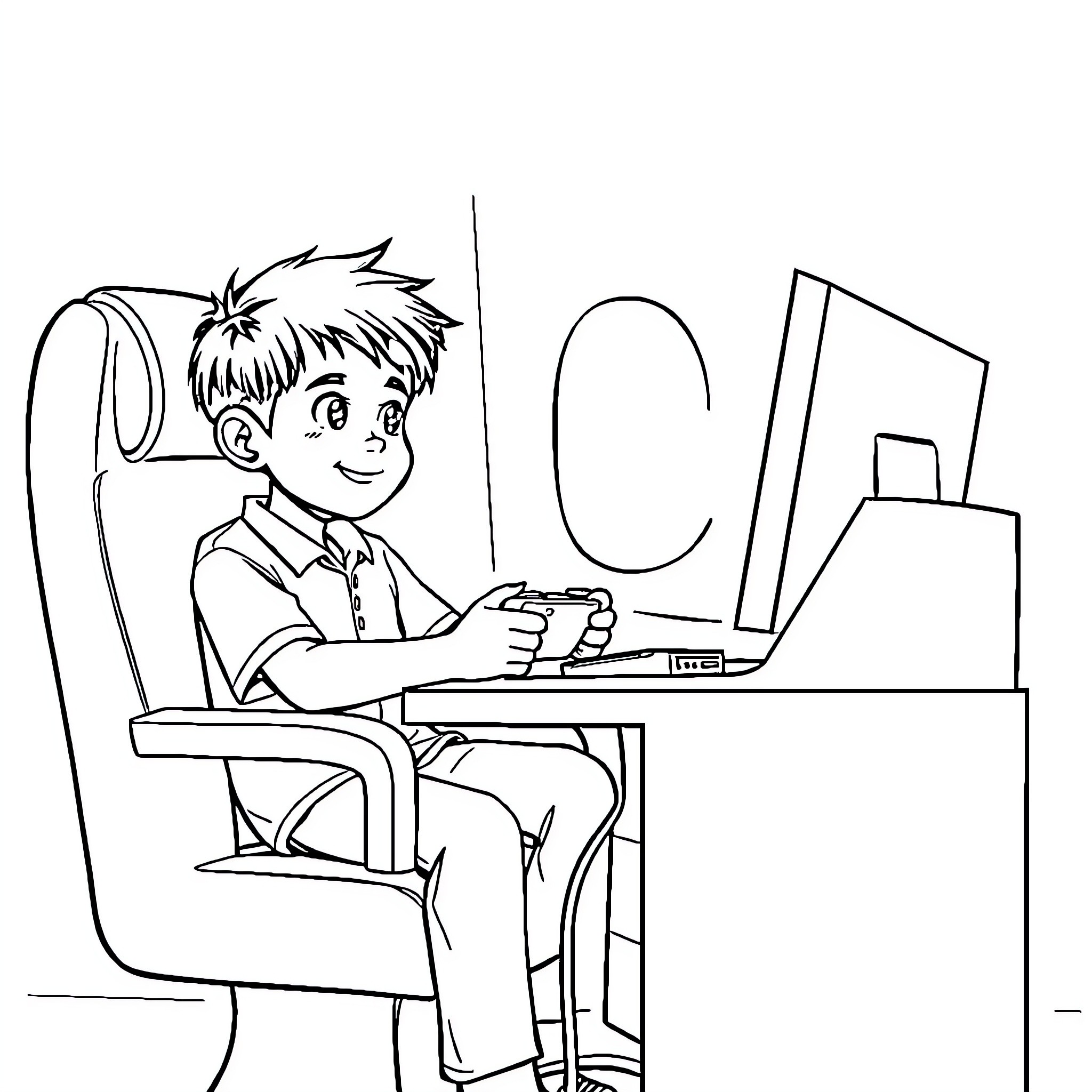 Pumuda Boy Happily Working on Computer Coloring Page (free black-and-white line drawing printable PDF for all, from beginners to advanced learners, including children, teens, adults, and seniors)