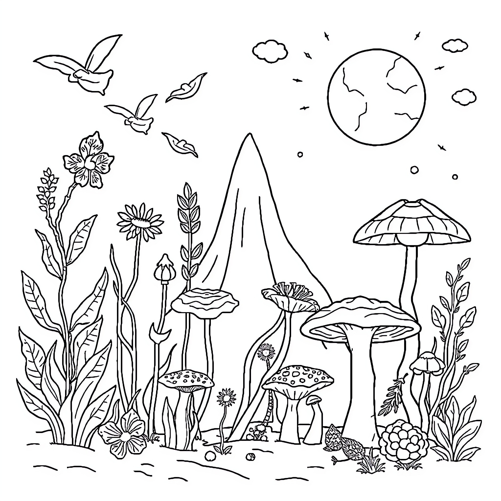 Kingdom of Enchanting Nature and Whimsical Wonders Coloring Page (free black-and-white line drawing printable PDF for all, from beginners to advanced learners, including children, teens, adults, and seniors)