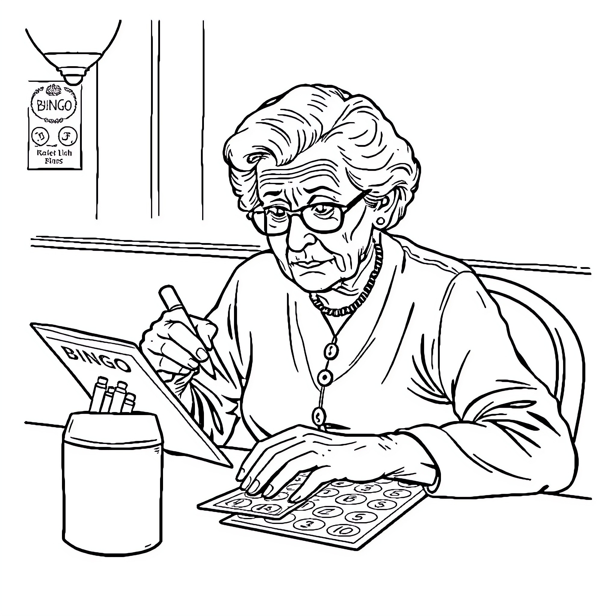 Lady Playing Bingo at a Recreational Center Coloring Page (free black-and-white line drawing printable PDF for all, from beginners to advanced learners, including children, teens, adults, and seniors)