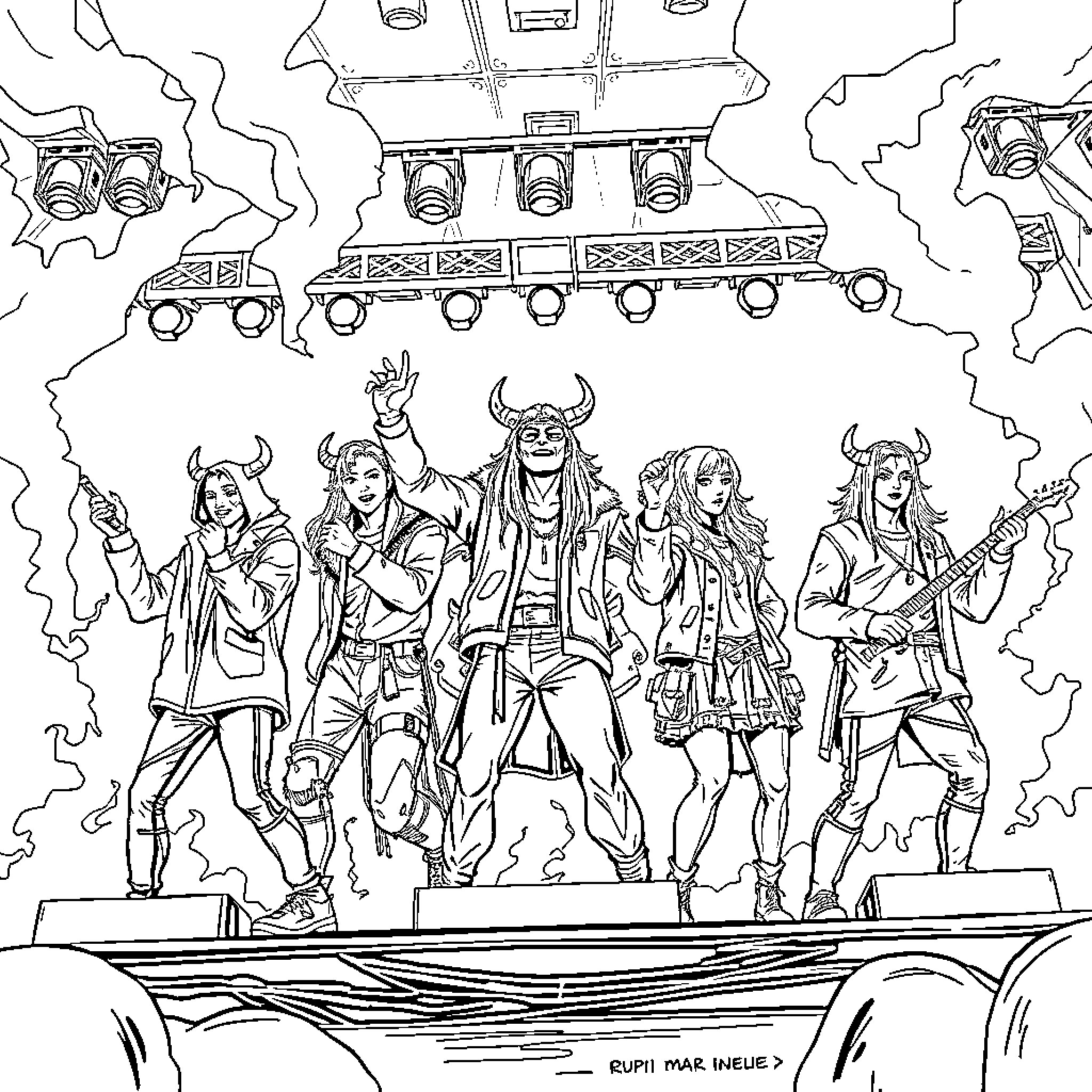 Kpop Performers Rocking the Stage with Epic Outfits Coloring Page (free black-and-white line drawing printable PDF for all, from beginners to advanced learners, including children, teens, adults, and seniors)