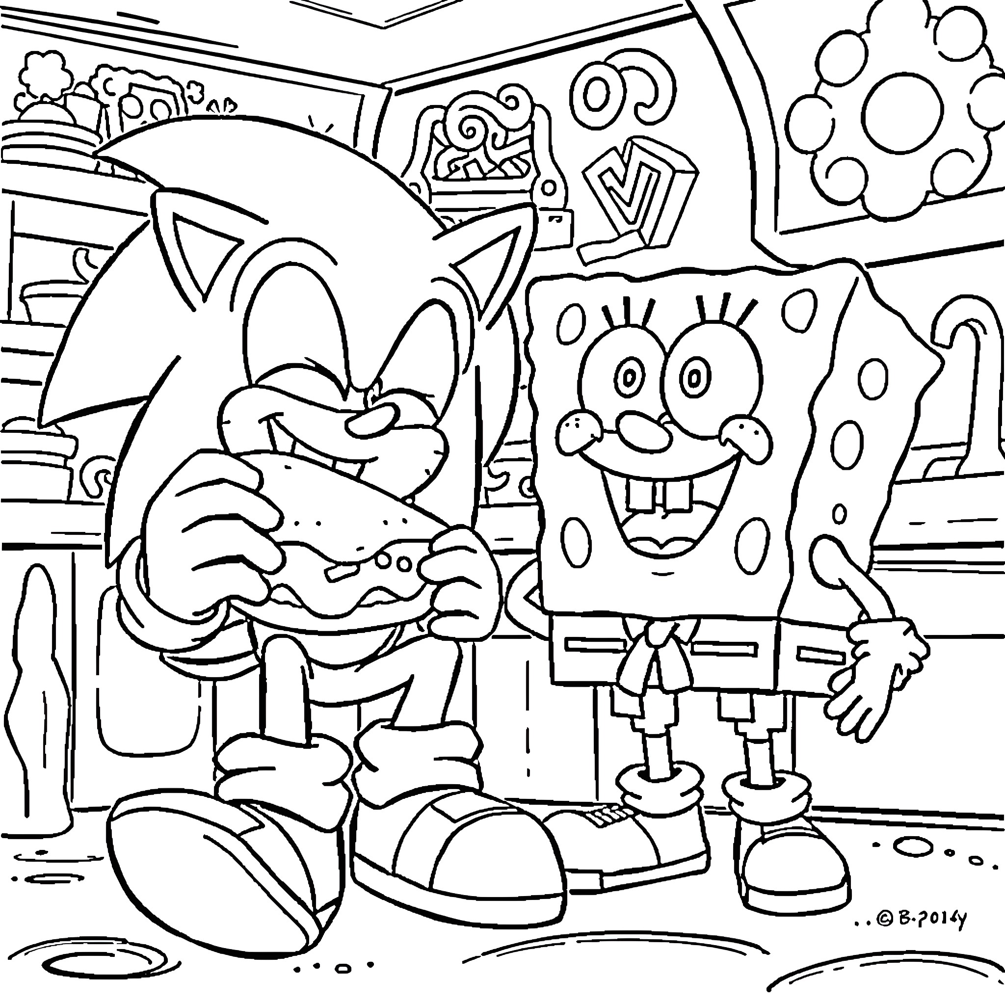 Sonic's Unexpected Encounter with SpongeBob Coloring Page (free black-and-white line drawing printable PDF for all, from beginners to advanced learners, including children, teens, adults, and seniors)