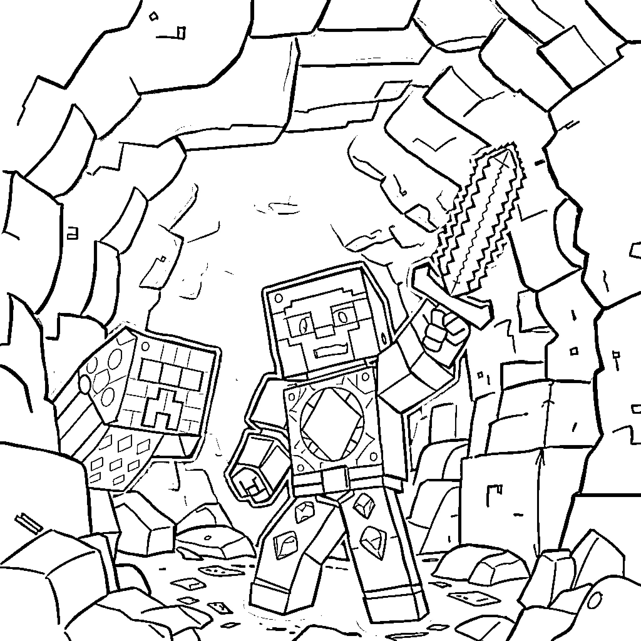 Steve exploring the abstract digital landscape Coloring Page (free black-and-white line drawing printable PDF for all, from beginners to advanced learners, including children, teens, adults, and seniors)