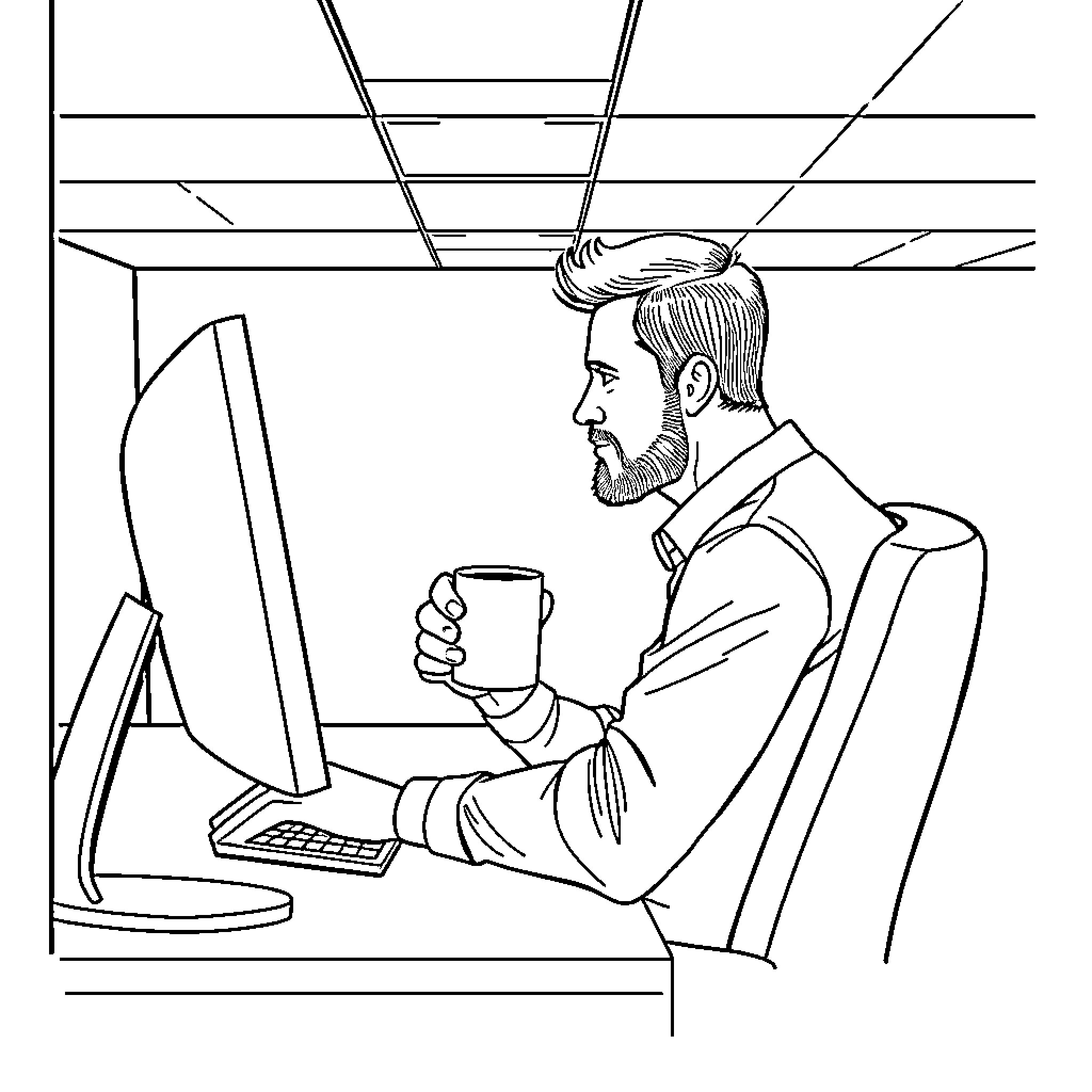 Man working intently at computer with coffee Coloring Page (free black-and-white line drawing printable PDF for all, from beginners to advanced learners, including children, teens, adults, and seniors)