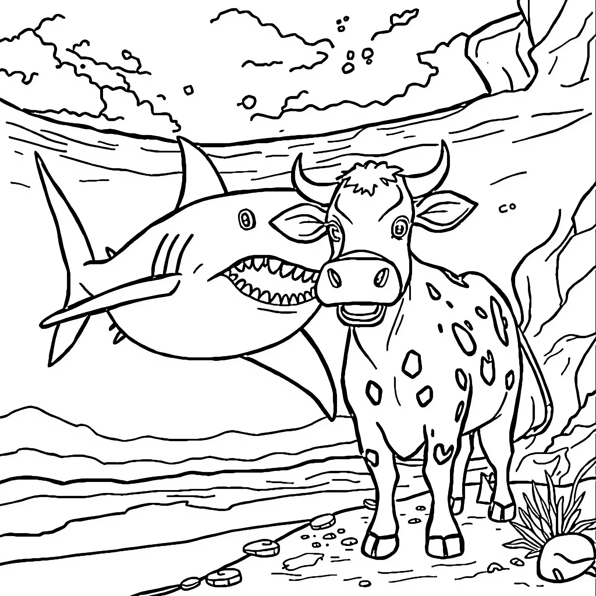 Shark attacking a spotted cow near the shore Coloring Page (free black-and-white line drawing printable PDF for all, from beginners to advanced learners, including children, teens, adults, and seniors)