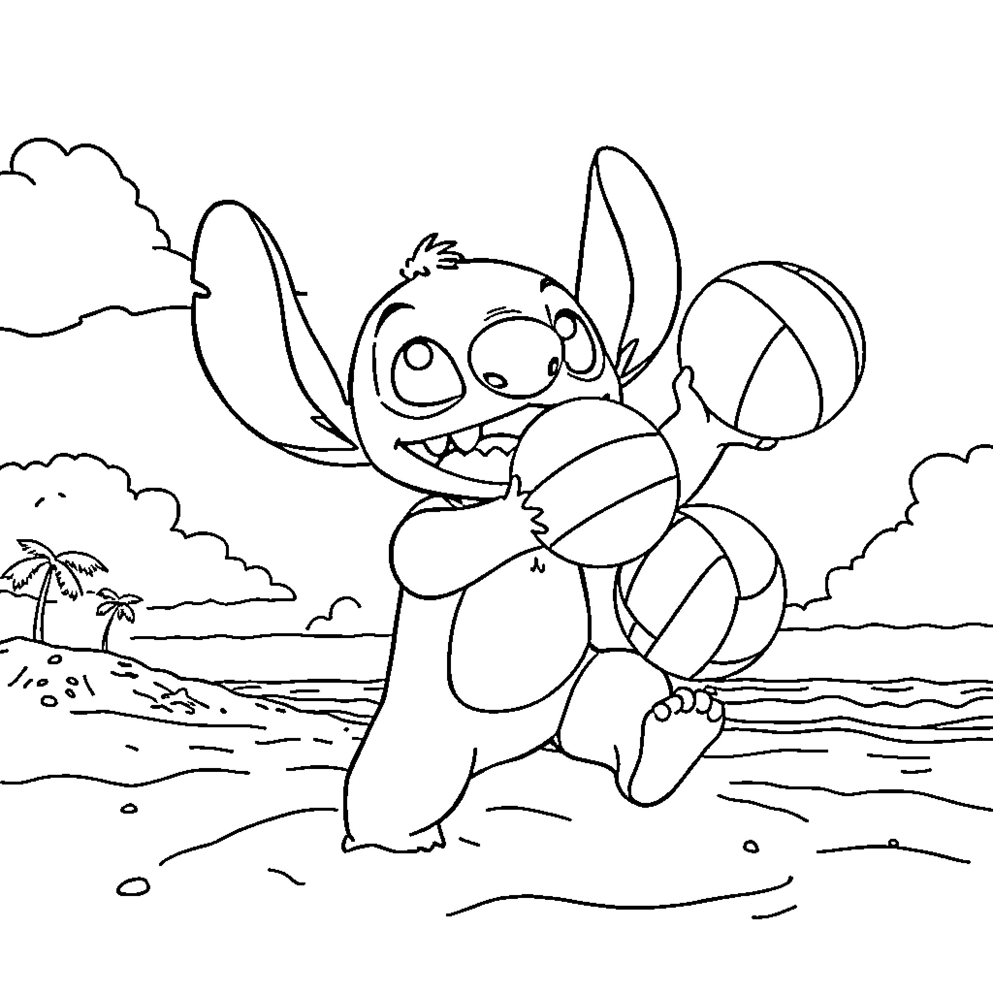 Stitch playing cheerfully on the beach Coloring Page (free black-and-white line drawing printable PDF for all, from beginners to advanced learners, including children, teens, adults, and seniors)