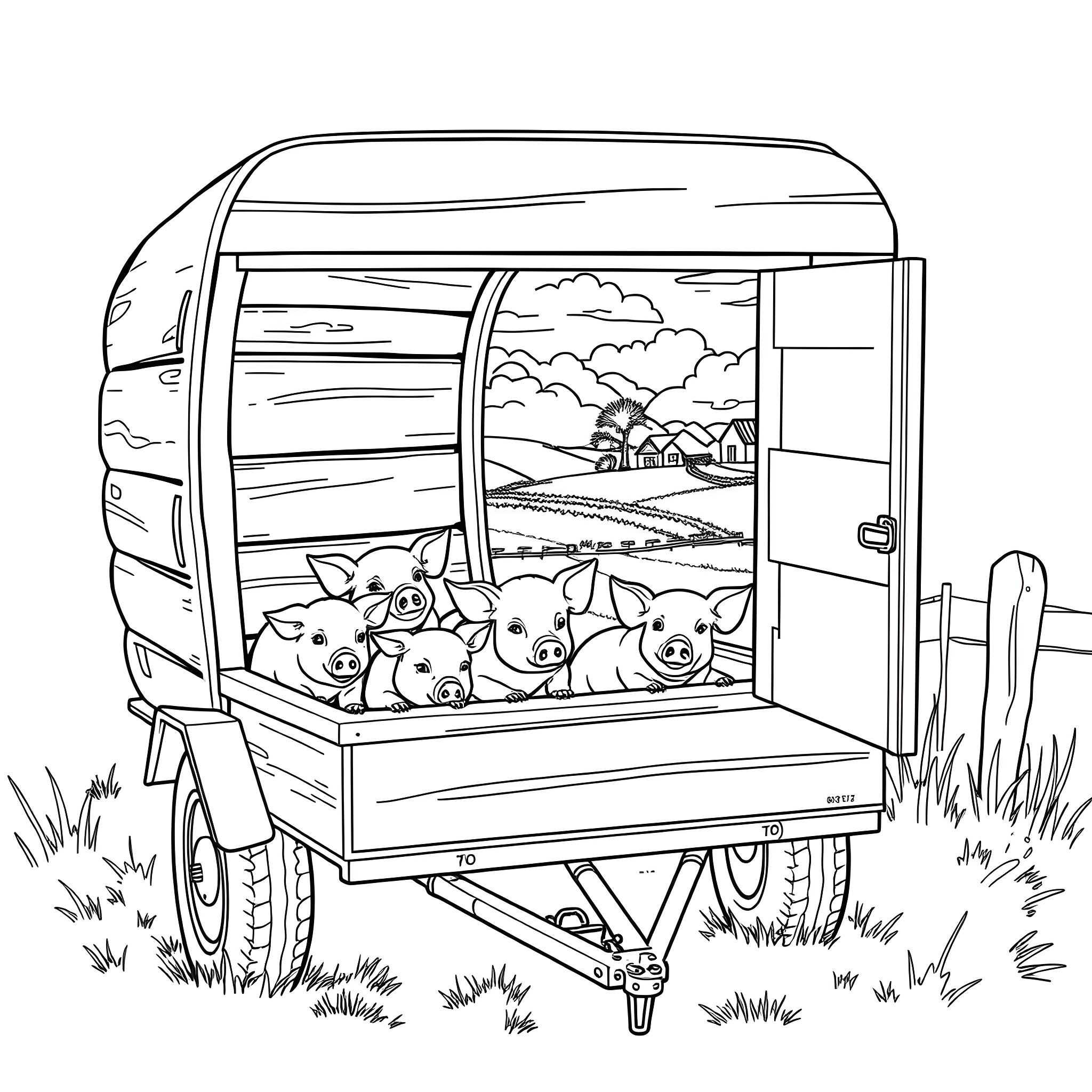 Pigs riding in a farm trailer through the countryside Coloring Page (free black-and-white line drawing printable PDF for all, from beginners to advanced learners, including children, teens, adults, and seniors)