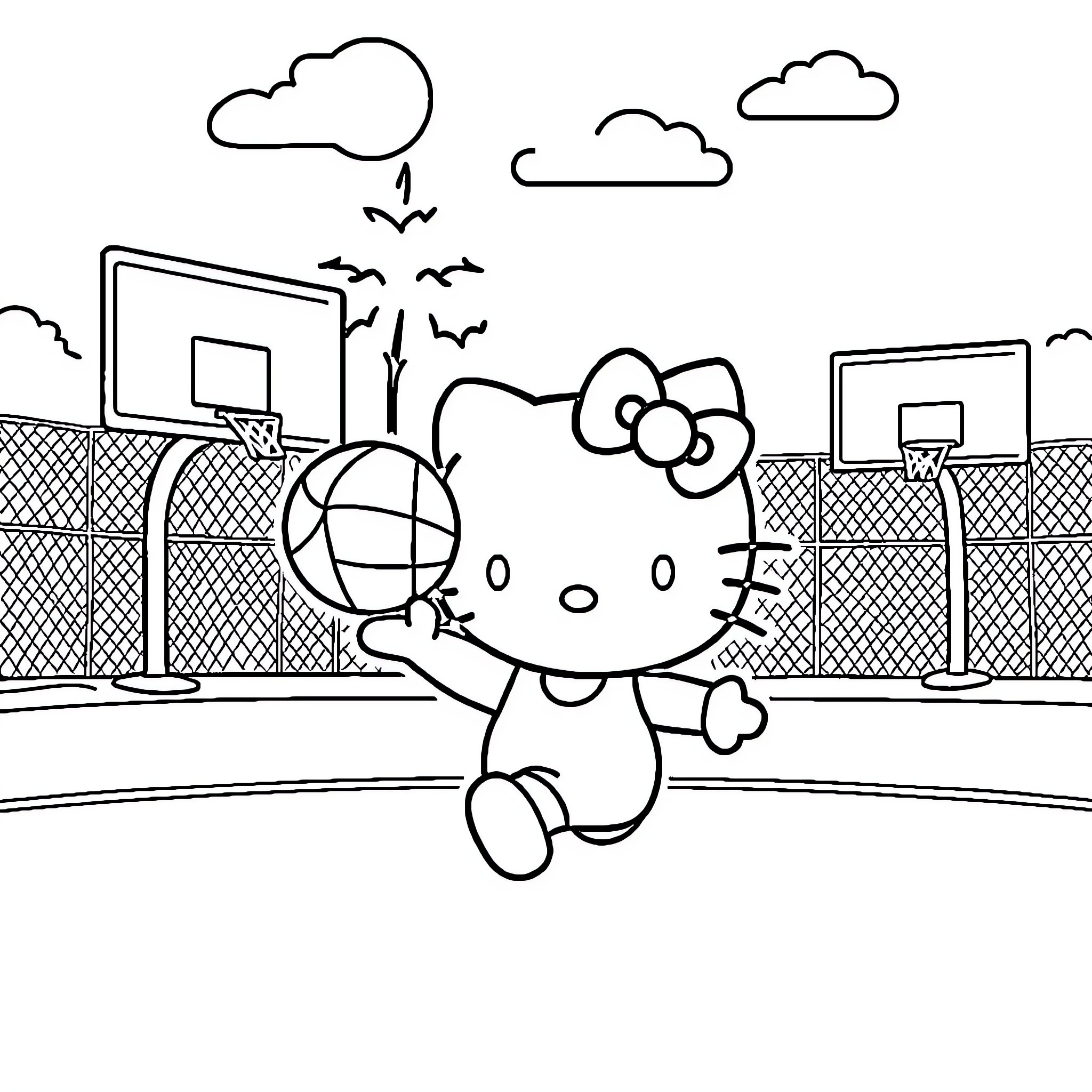 Hello Kitty Playing Basketball in the Park Coloring Page (free black-and-white line drawing printable PDF for all, from beginners to advanced learners, including children, teens, adults, and seniors)