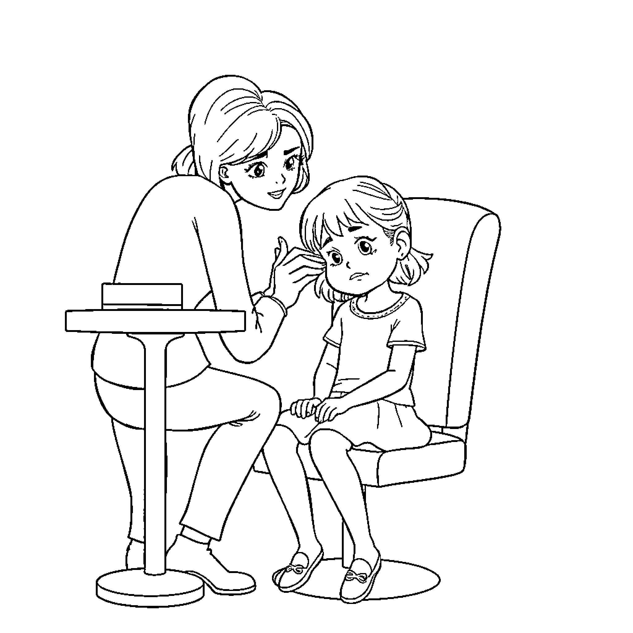 Girl Comforting Young Child in Thoughtful Embrace Coloring Page (free black-and-white line drawing printable PDF for all, from beginners to advanced learners, including children, teens, adults, and seniors)