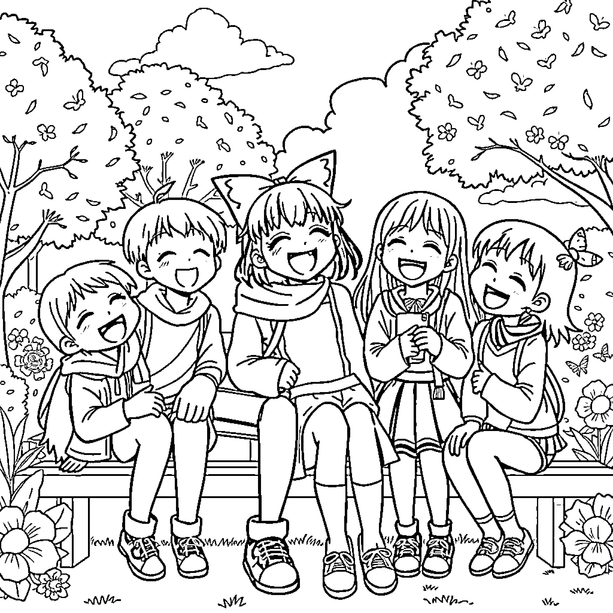 Kuromi and friends enjoying a cheerful outdoor scene Coloring Page (free black-and-white line drawing printable PDF for all, from beginners to advanced learners, including children, teens, adults, and seniors)