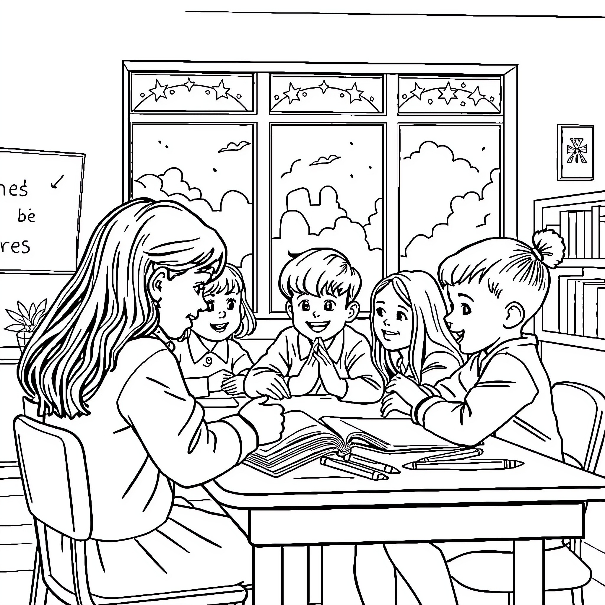 Students Studying Together in Classroom Coloring Page (free black-and-white line drawing printable PDF for all, from beginners to advanced learners, including children, teens, adults, and seniors)