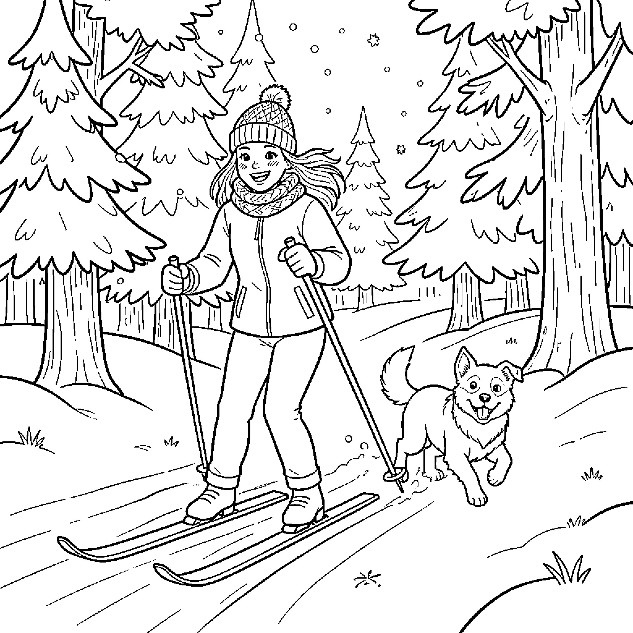 Girl skiing through snowy forest with dog Coloring Page (free black-and-white line drawing printable PDF for all, from beginners to advanced learners, including children, teens, adults, and seniors)