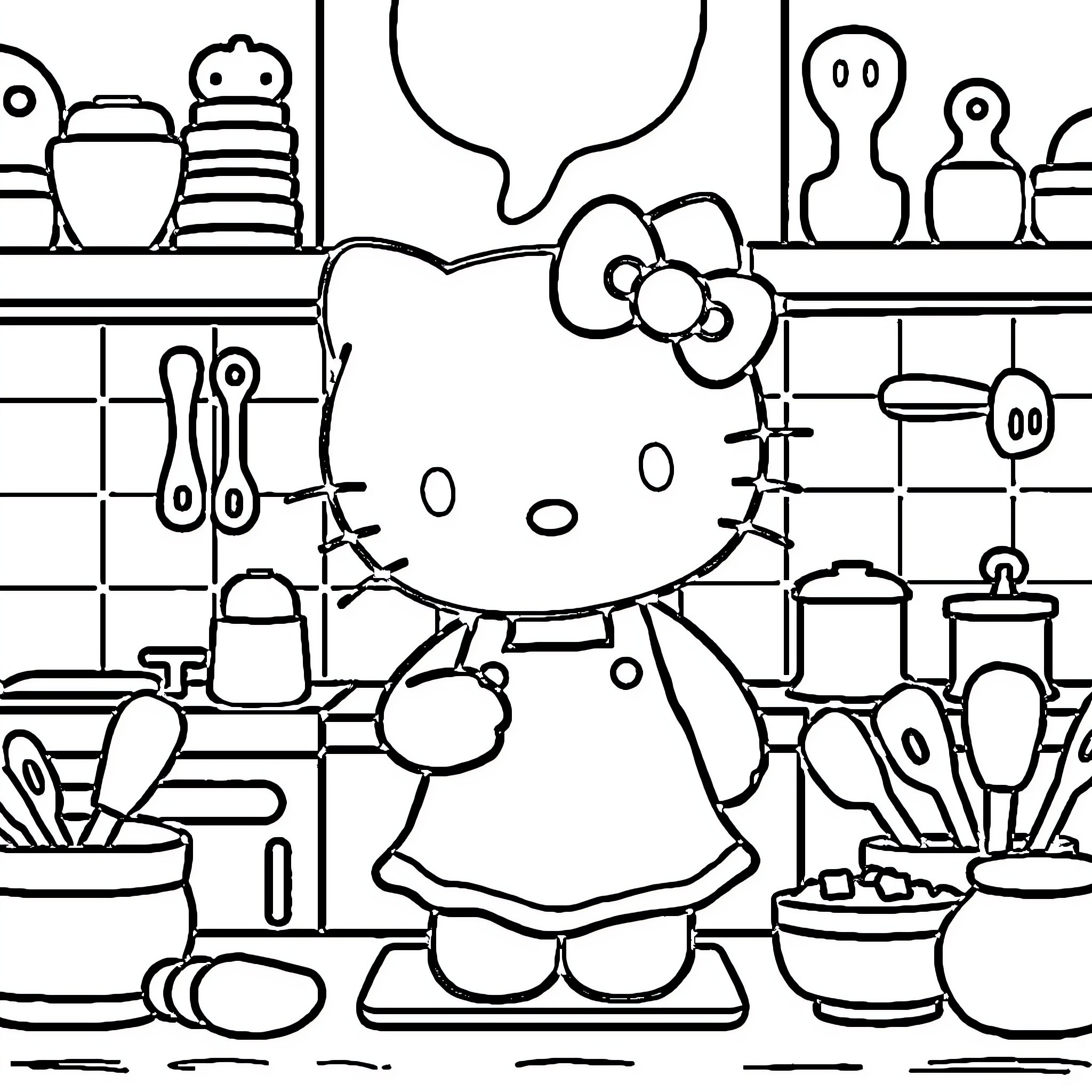 Hello Kitty Cooking in the Kitchen Coloring Page (free black-and-white line drawing printable PDF for all, from beginners to advanced learners, including children, teens, adults, and seniors)
