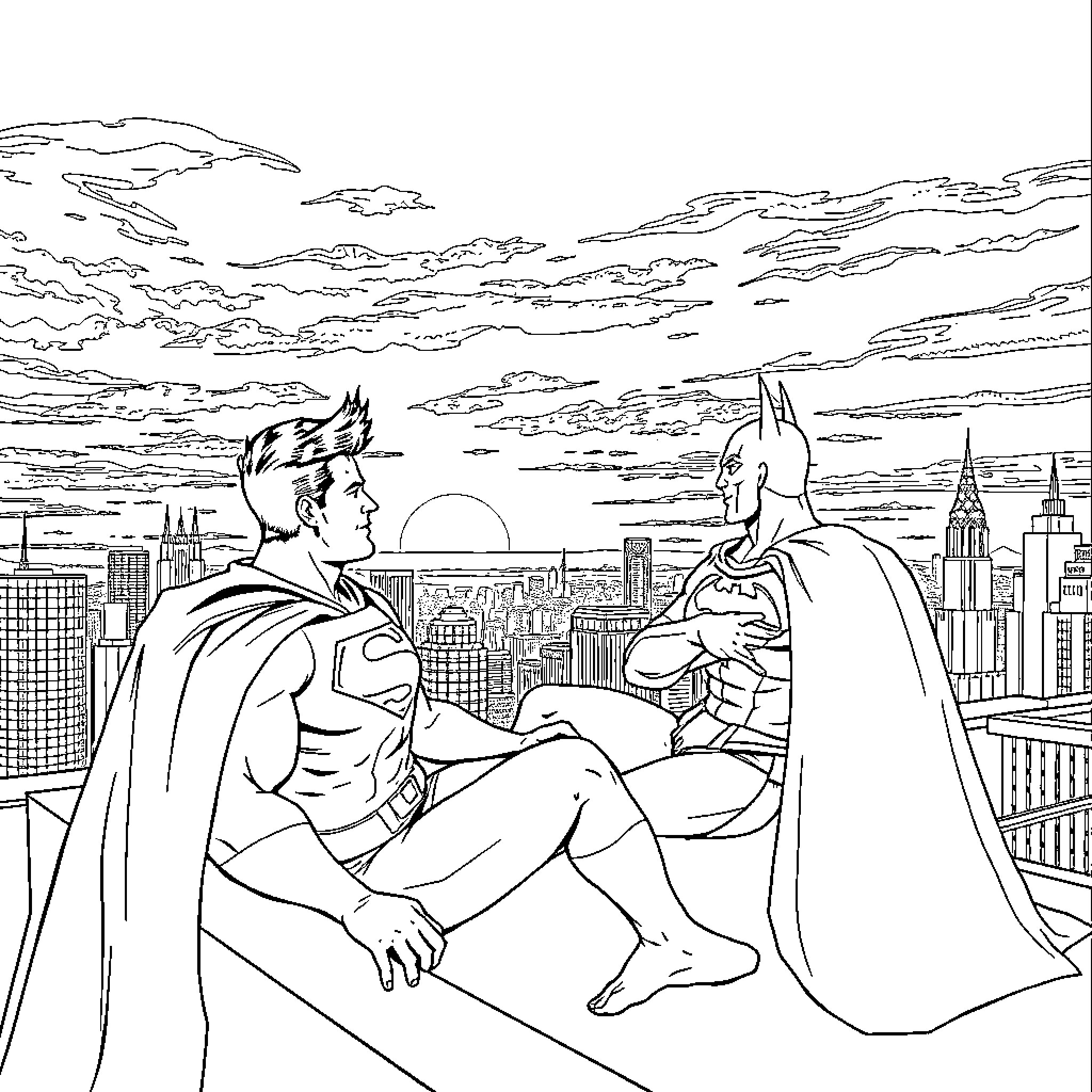 Superman and Batman overlooking the city skyline Coloring Page (free black-and-white line drawing printable PDF for all, from beginners to advanced learners, including children, teens, adults, and seniors)