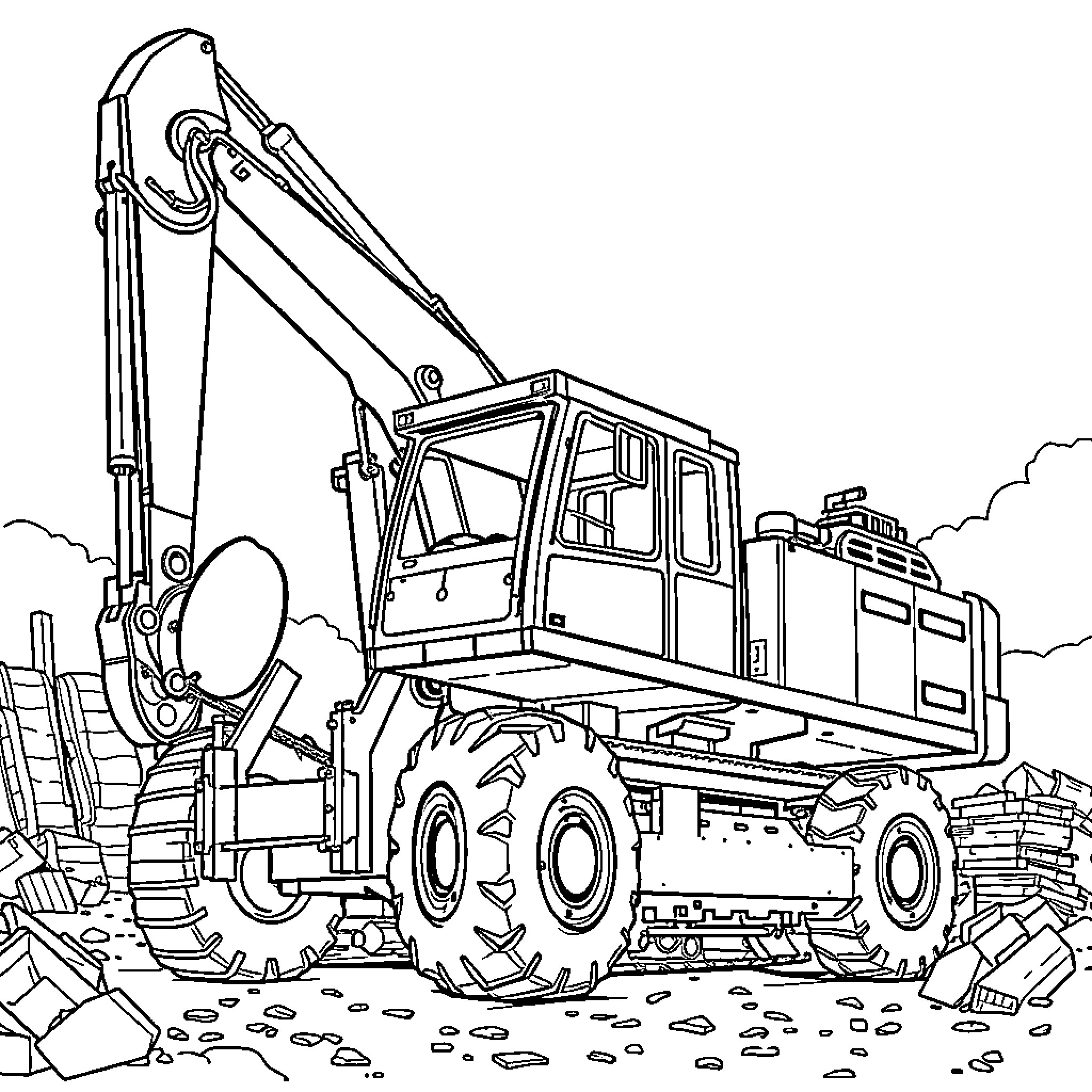 Engin's Powerful Excavator at Construction Site Coloring Page (free black-and-white line drawing printable PDF for all, from beginners to advanced learners, including children, teens, adults, and seniors)