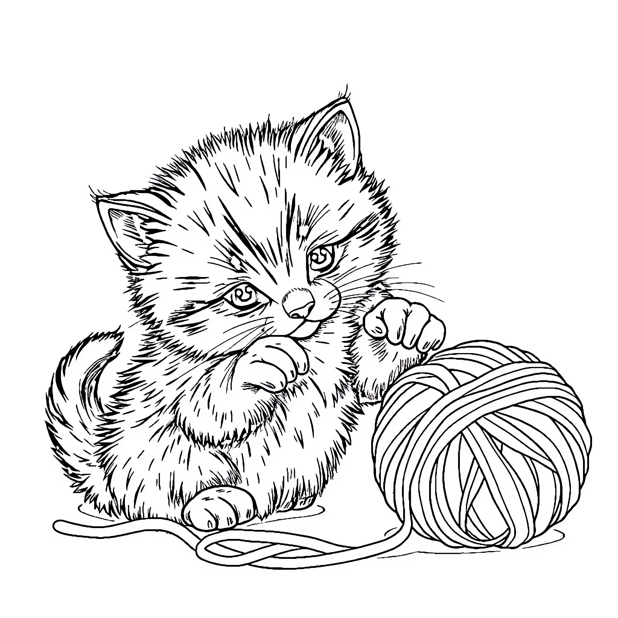 Kitten playing with ball of yarn Coloring Page (free black-and-white line drawing printable PDF for all, from beginners to advanced learners, including children, teens, adults, and seniors)