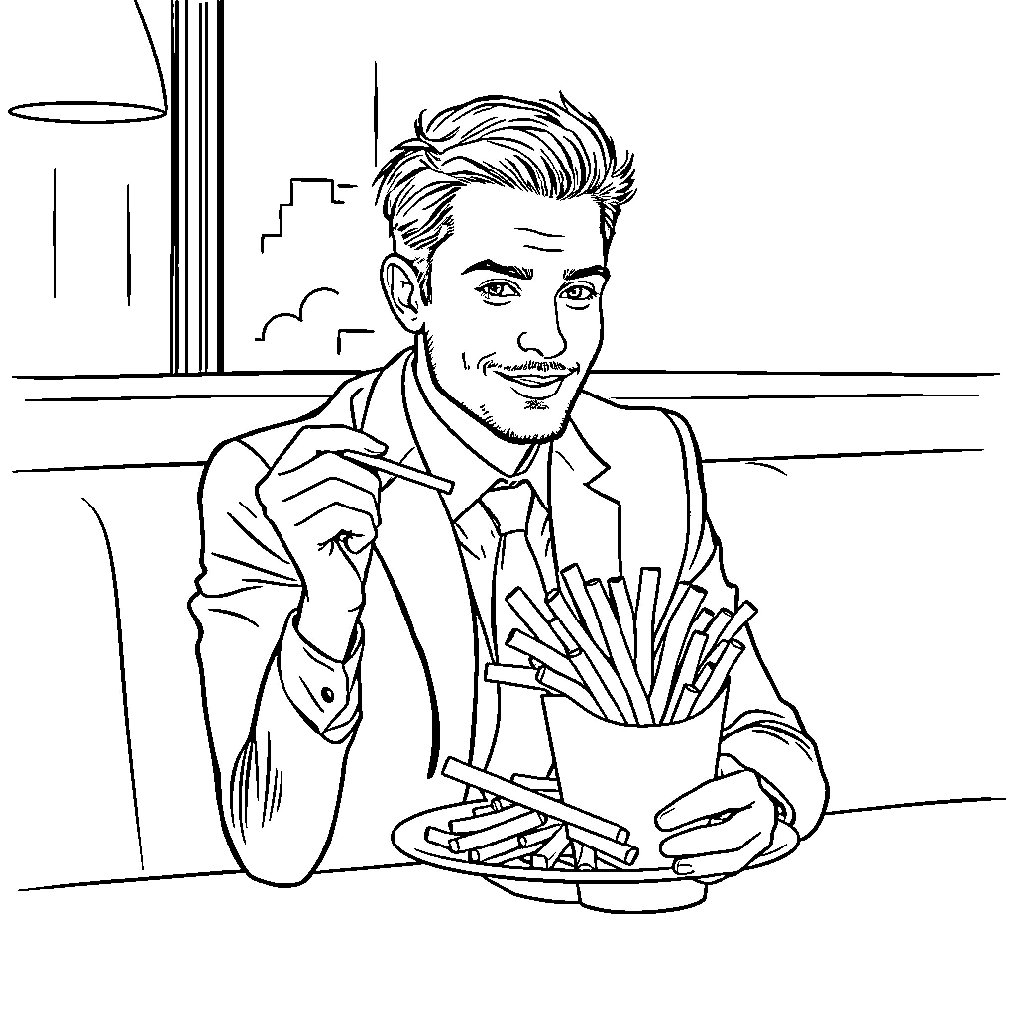 Fabian Berkhof enjoying a snack in the office Coloring Page (free black-and-white line drawing printable PDF for all, from beginners to advanced learners, including children, teens, adults, and seniors)