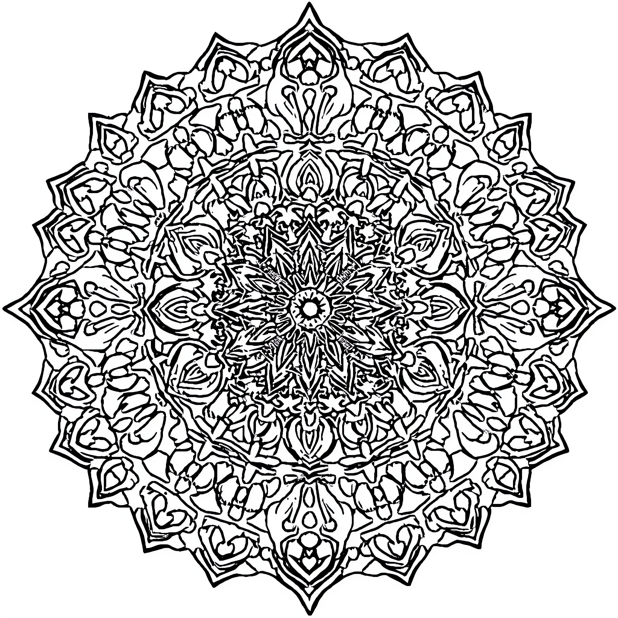 Mandala of intricate floral patterns and symmetrical designs Coloring Page (free black-and-white line drawing printable PDF for all, from beginners to advanced learners, including children, teens, adults, and seniors)