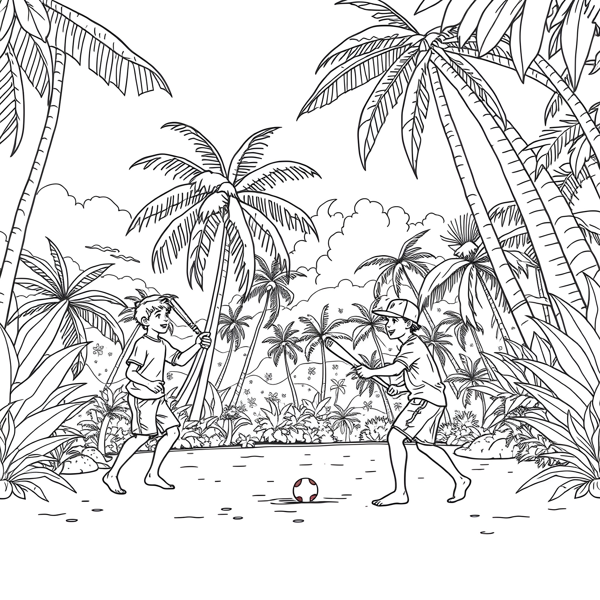 Beach Boys Playing Sports on a Tropical Island Coloring Page (free black-and-white line drawing printable PDF for all, from beginners to advanced learners, including children, teens, adults, and seniors)