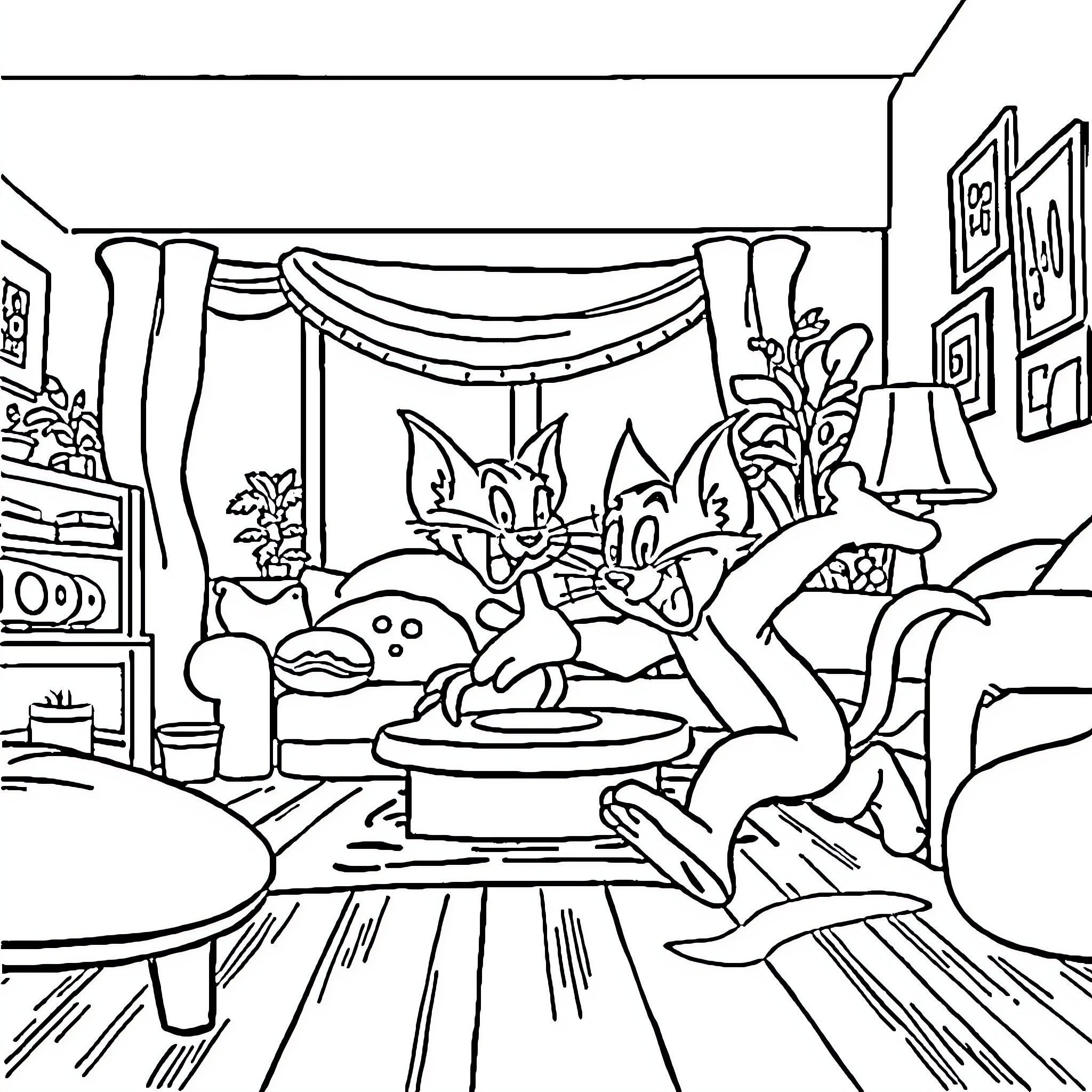 Tom and Jerry's Cartoon Adventure Coloring Page (free black-and-white line drawing printable PDF for all, from beginners to advanced learners, including children, teens, adults, and seniors)