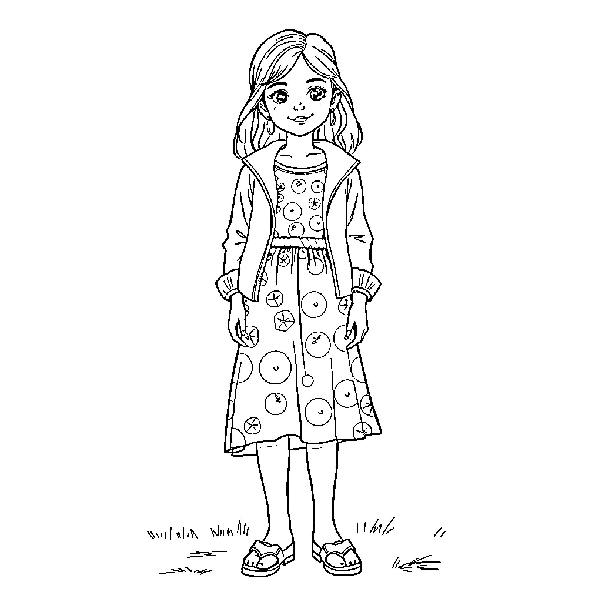 Girl in whimsical polka dot dress Coloring Page (free black-and-white line drawing printable PDF for all, from beginners to advanced learners, including children, teens, adults, and seniors)