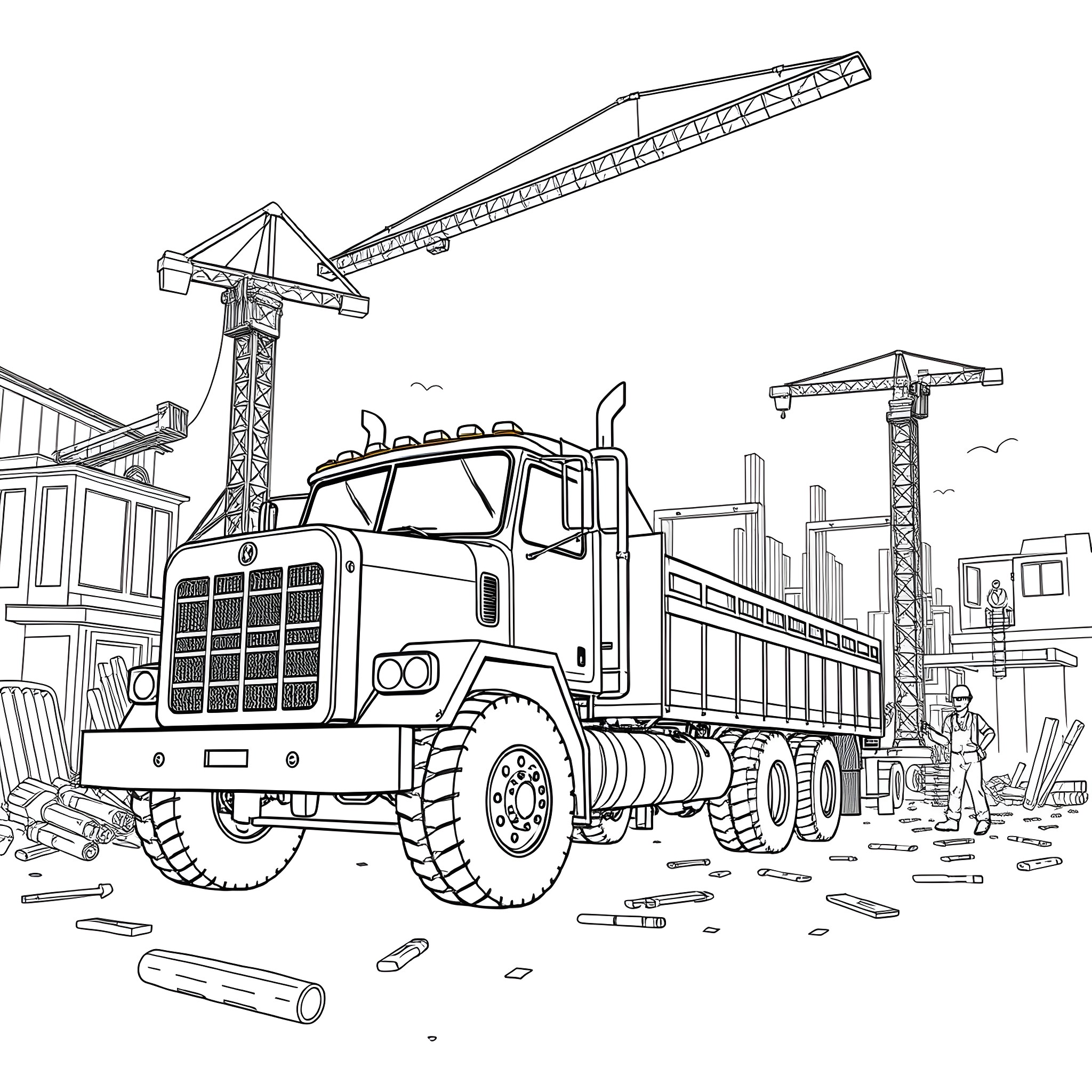 Ramp Truck Transporting Construction Materials at Worksite Coloring Page (free black-and-white line drawing printable PDF for all, from beginners to advanced learners, including children, teens, adults, and seniors)