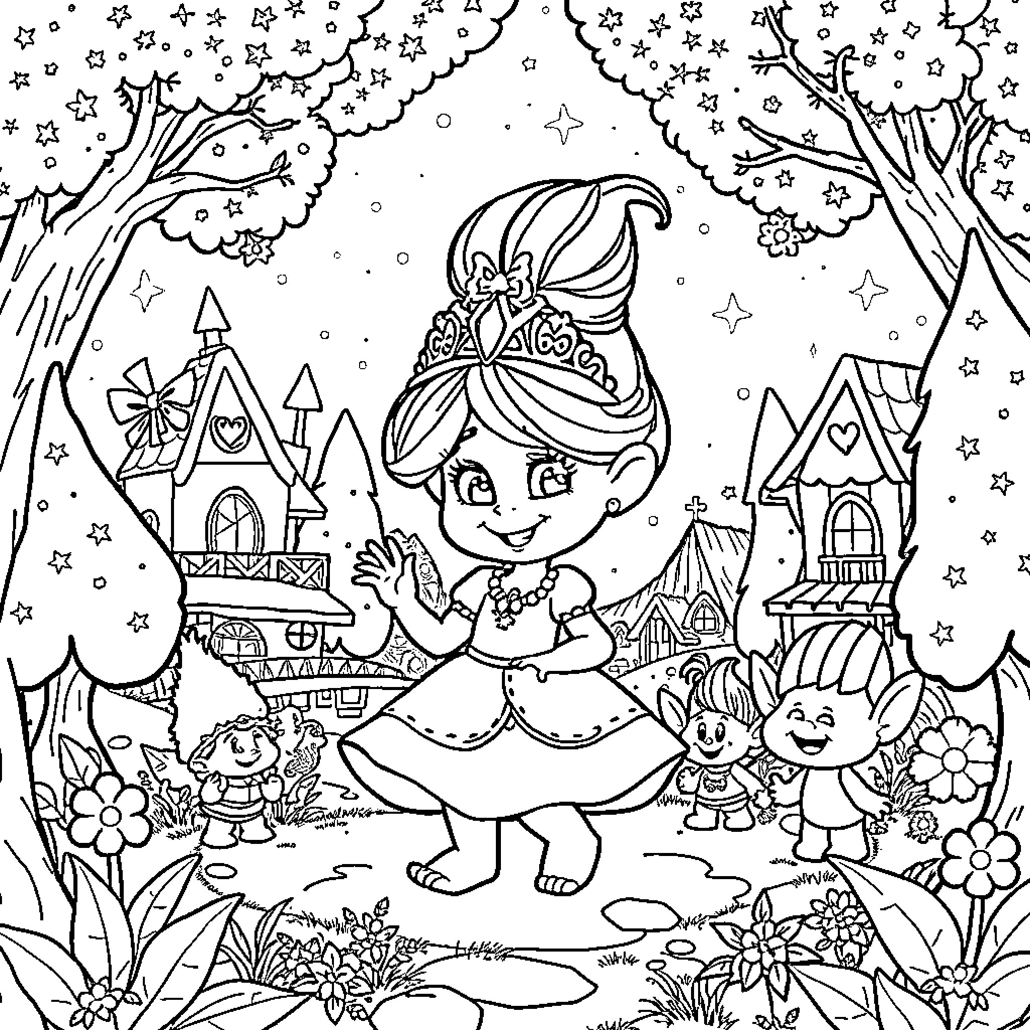 Princess Poppy's Magical Adventure in the Enchanted Forest Coloring Page (free black-and-white line drawing printable PDF for all, from beginners to advanced learners, including children, teens, adults, and seniors)