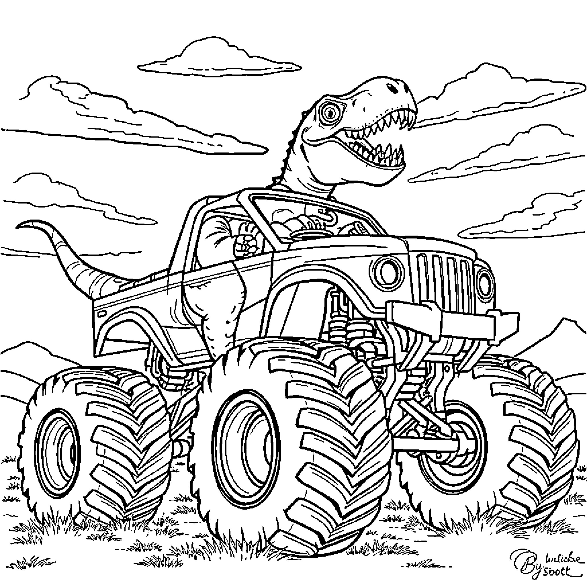 Dinosaur driving a monster truck on the road Coloring Page (free black-and-white line drawing printable PDF for all, from beginners to advanced learners, including children, teens, adults, and seniors)