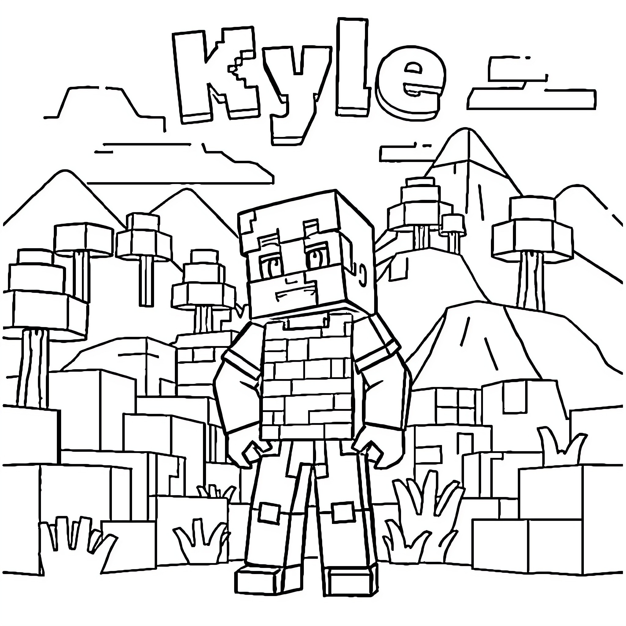 Minecraft Boy exploring the blocky landscape Coloring Page (free black-and-white line drawing printable PDF for all, from beginners to advanced learners, including children, teens, adults, and seniors)