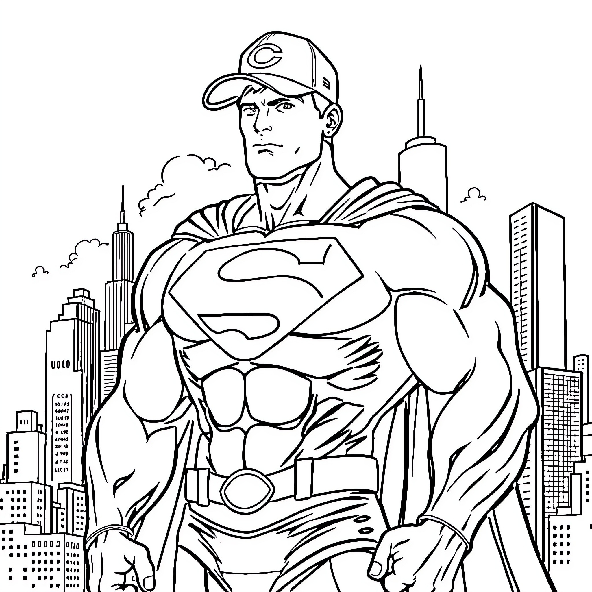 Superman standing tall in the city Coloring Page (free black-and-white line drawing printable PDF for all, from beginners to advanced learners, including children, teens, adults, and seniors)