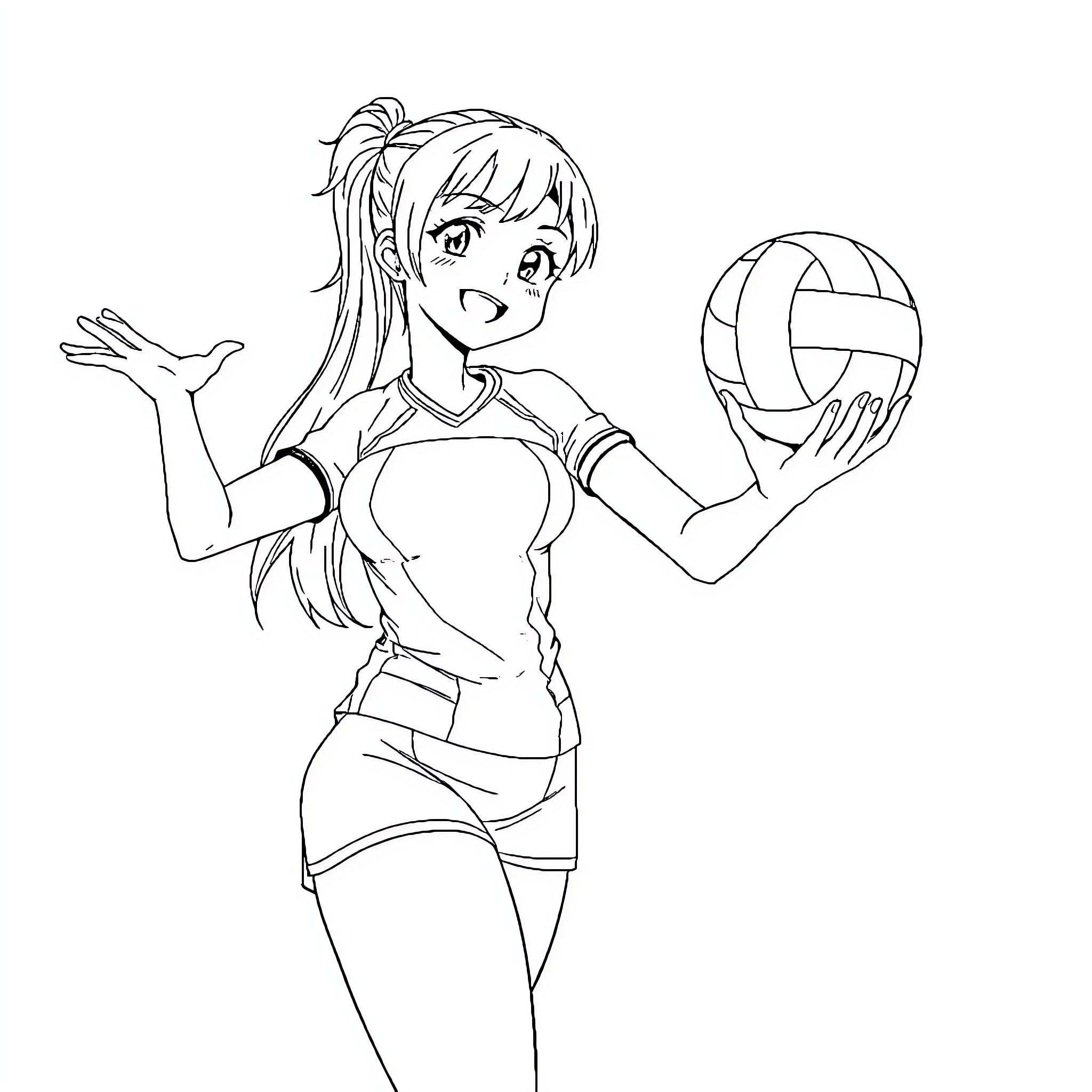 Anime Girl Playing Volleyball with Enthusiasm Coloring Page (free black-and-white line drawing printable PDF for all, from beginners to advanced learners, including children, teens, adults, and seniors)