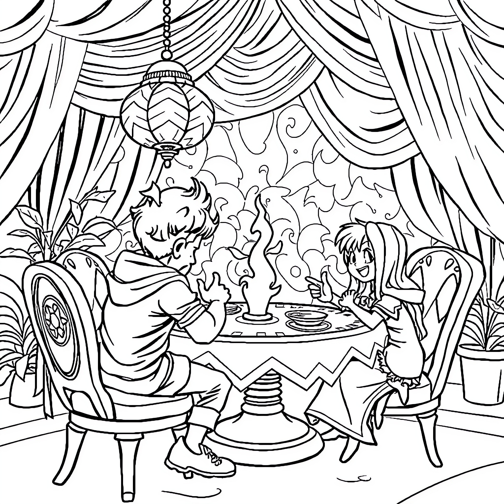 Pumuda's Whimsical Tea Party Coloring Page (free black-and-white line drawing printable PDF for all, from beginners to advanced learners, including children, teens, adults, and seniors)