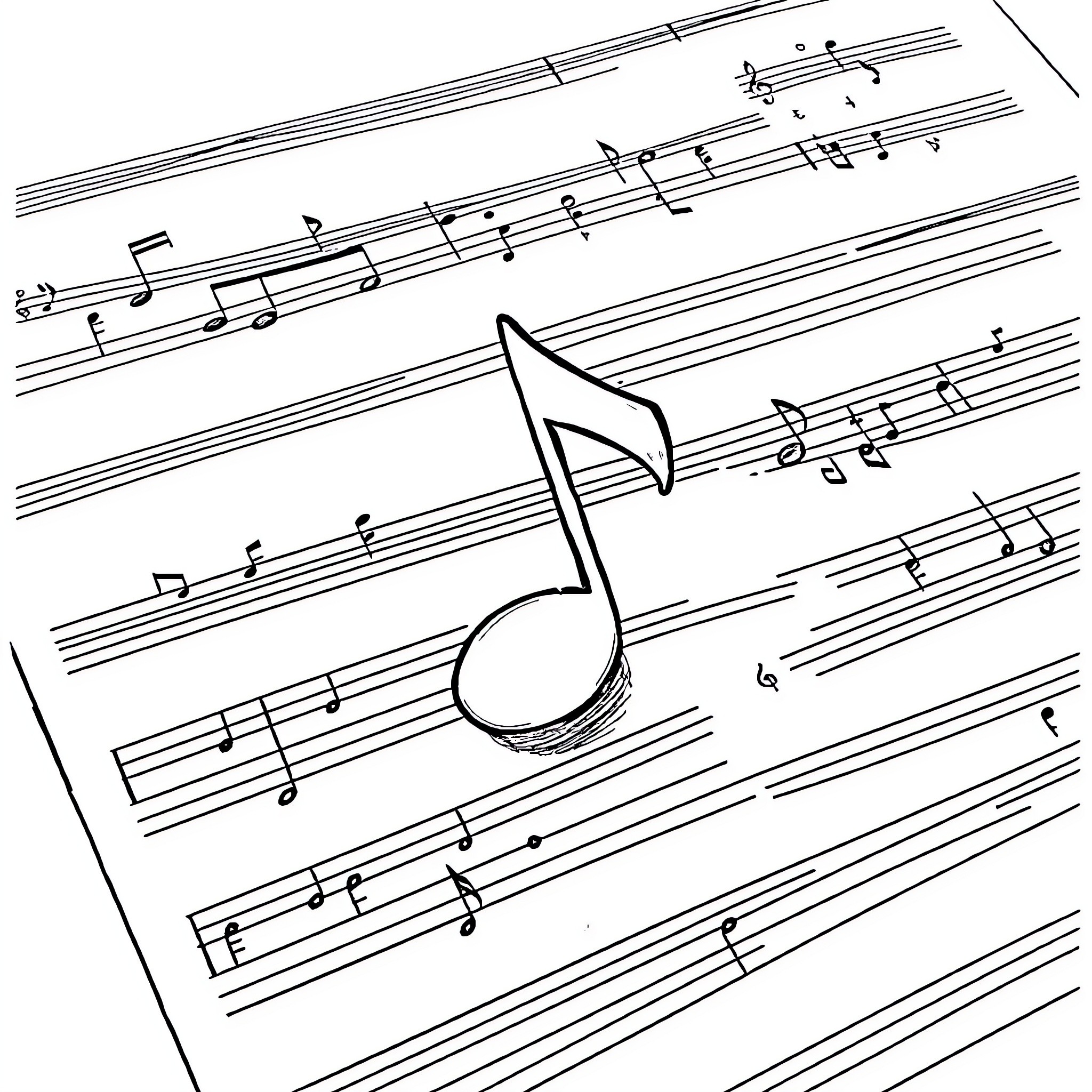 Music Note Amid Flowing Musical Notation Coloring Page (free black-and-white line drawing printable PDF for all, from beginners to advanced learners, including children, teens, adults, and seniors)