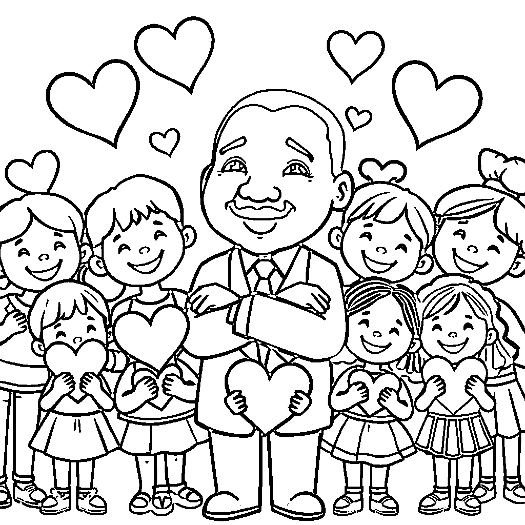 Martin Luther King Jr. Surrounded by Smiling Children with Hearts Coloring Page (free black-and-white line drawing printable PDF for all, from beginners to advanced learners, including children, teens, adults, and seniors)