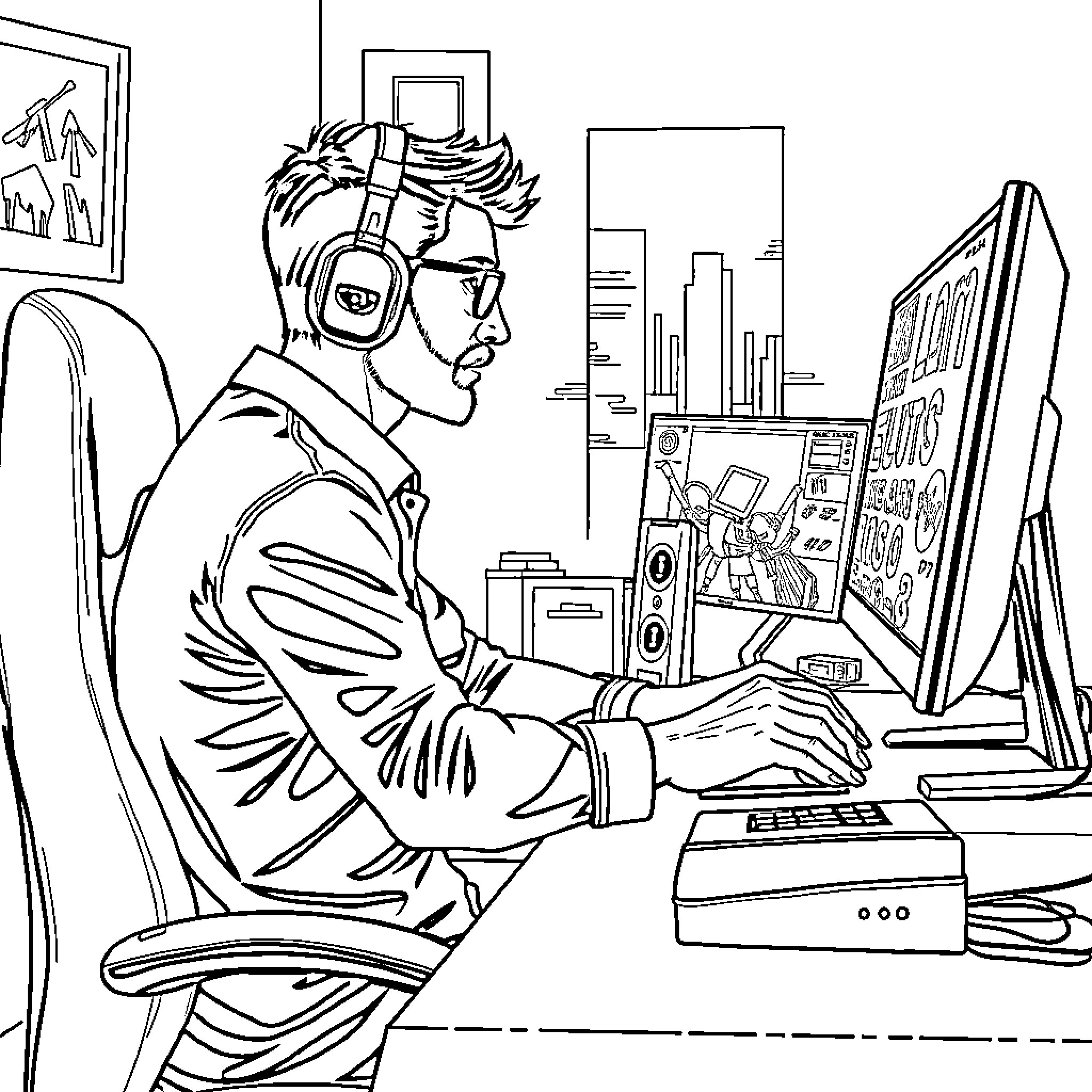 Man working intently at computer in office environment Coloring Page (free black-and-white line drawing printable PDF for all, from beginners to advanced learners, including children, teens, adults, and seniors)