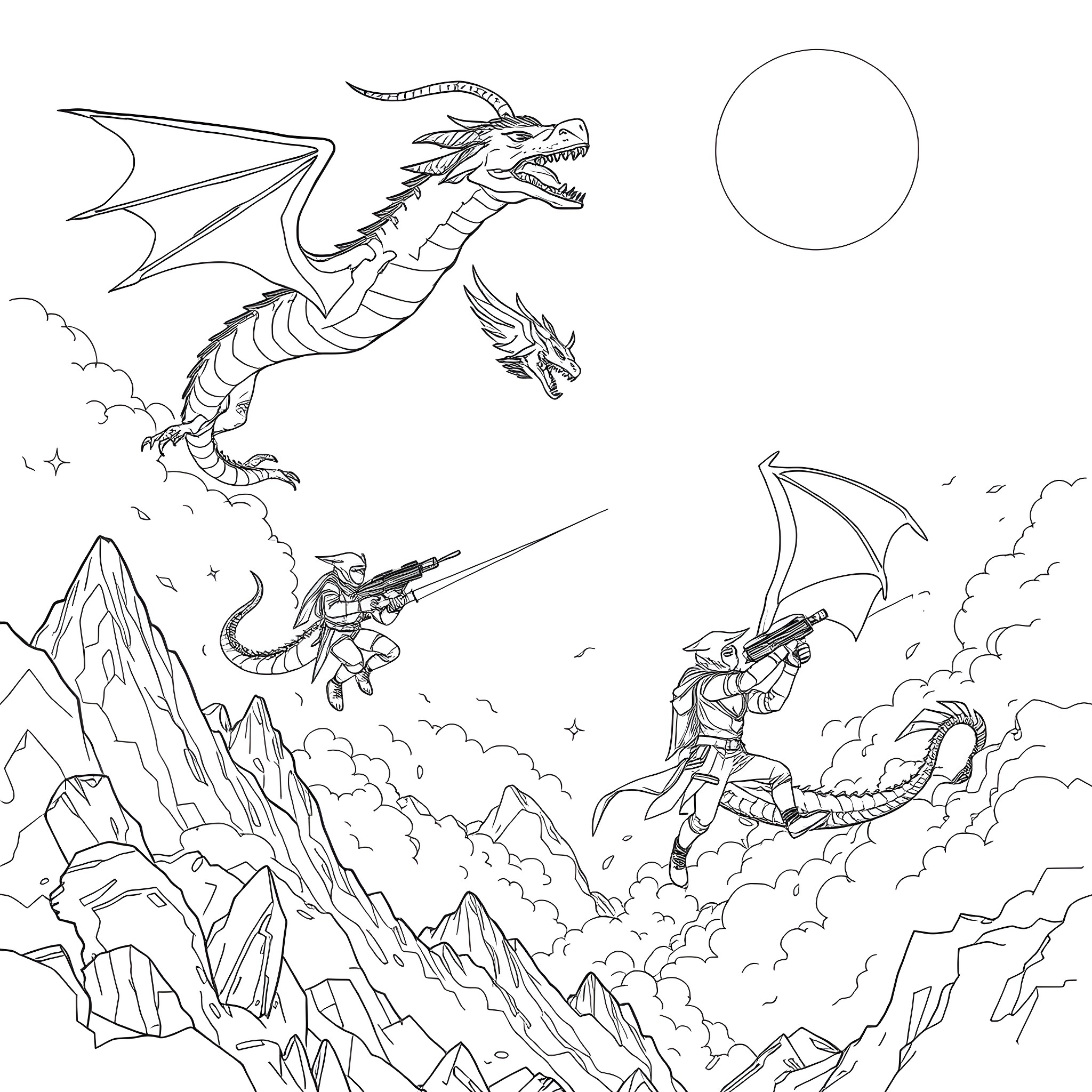 Dragon battle in the sky above the mountains Coloring Page (free black-and-white line drawing printable PDF for all, from beginners to advanced learners, including children, teens, adults, and seniors)