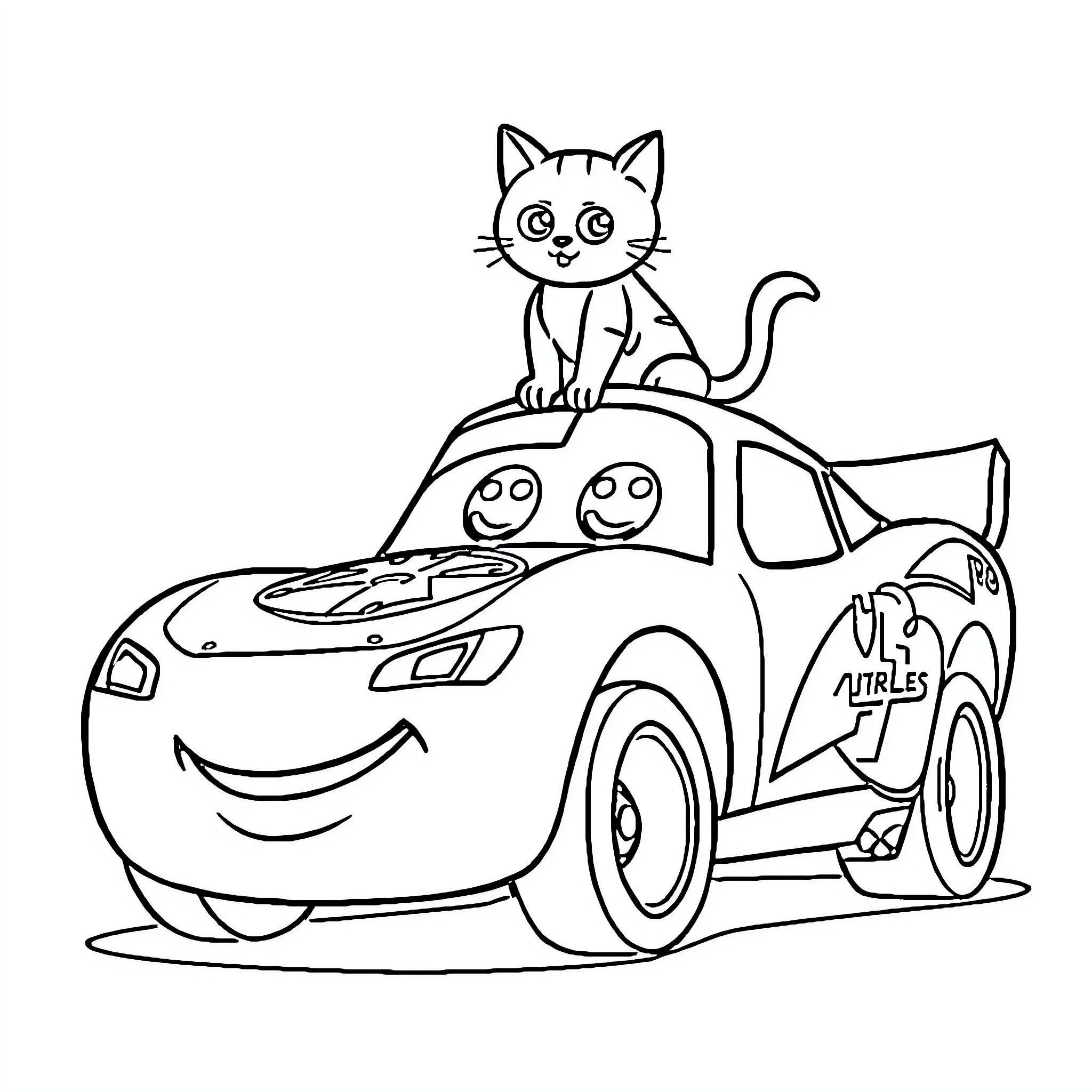 Car with Happy Cartoon Characters Coloring Page (free black-and-white line drawing printable PDF for all, from beginners to advanced learners, including children, teens, adults, and seniors)