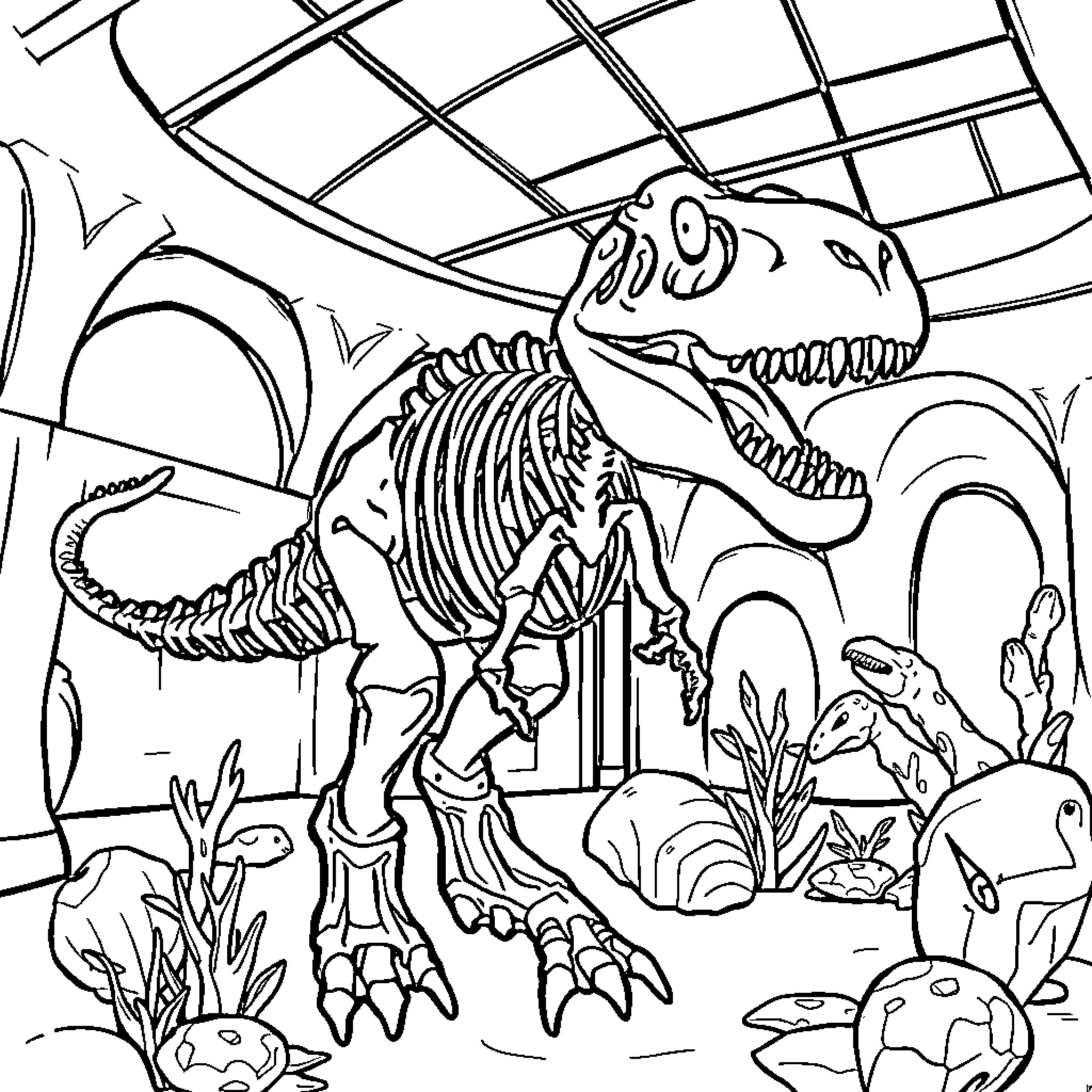 Dinosaur skeleton exhibit in museum setting Coloring Page (free black-and-white line drawing printable PDF for all, from beginners to advanced learners, including children, teens, adults, and seniors)