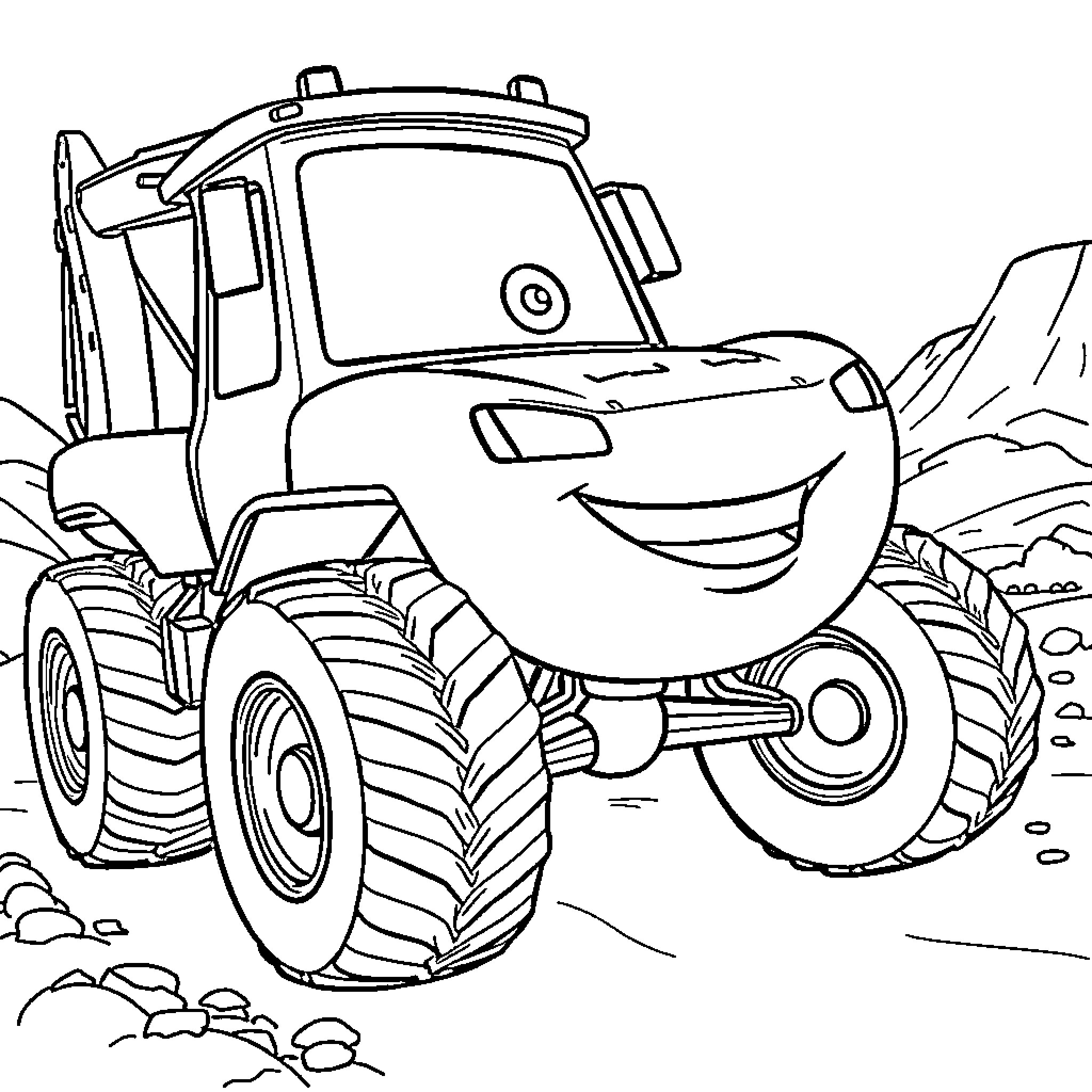 Excavator Tractor Happily Plowing the Field Coloring Page (free black-and-white line drawing printable PDF for all, from beginners to advanced learners, including children, teens, adults, and seniors)