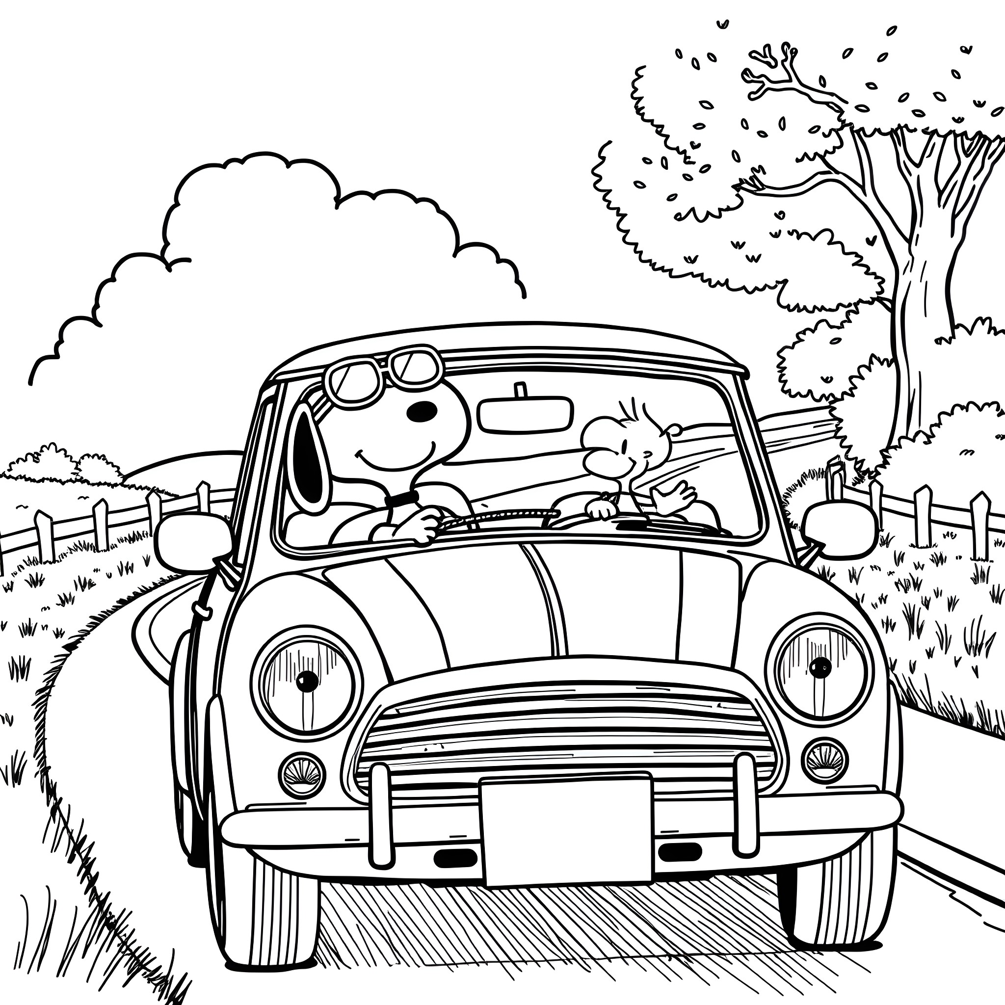 Snoopy drives a classic car through the countryside Coloring Page (free black-and-white line drawing printable PDF for all, from beginners to advanced learners, including children, teens, adults, and seniors)