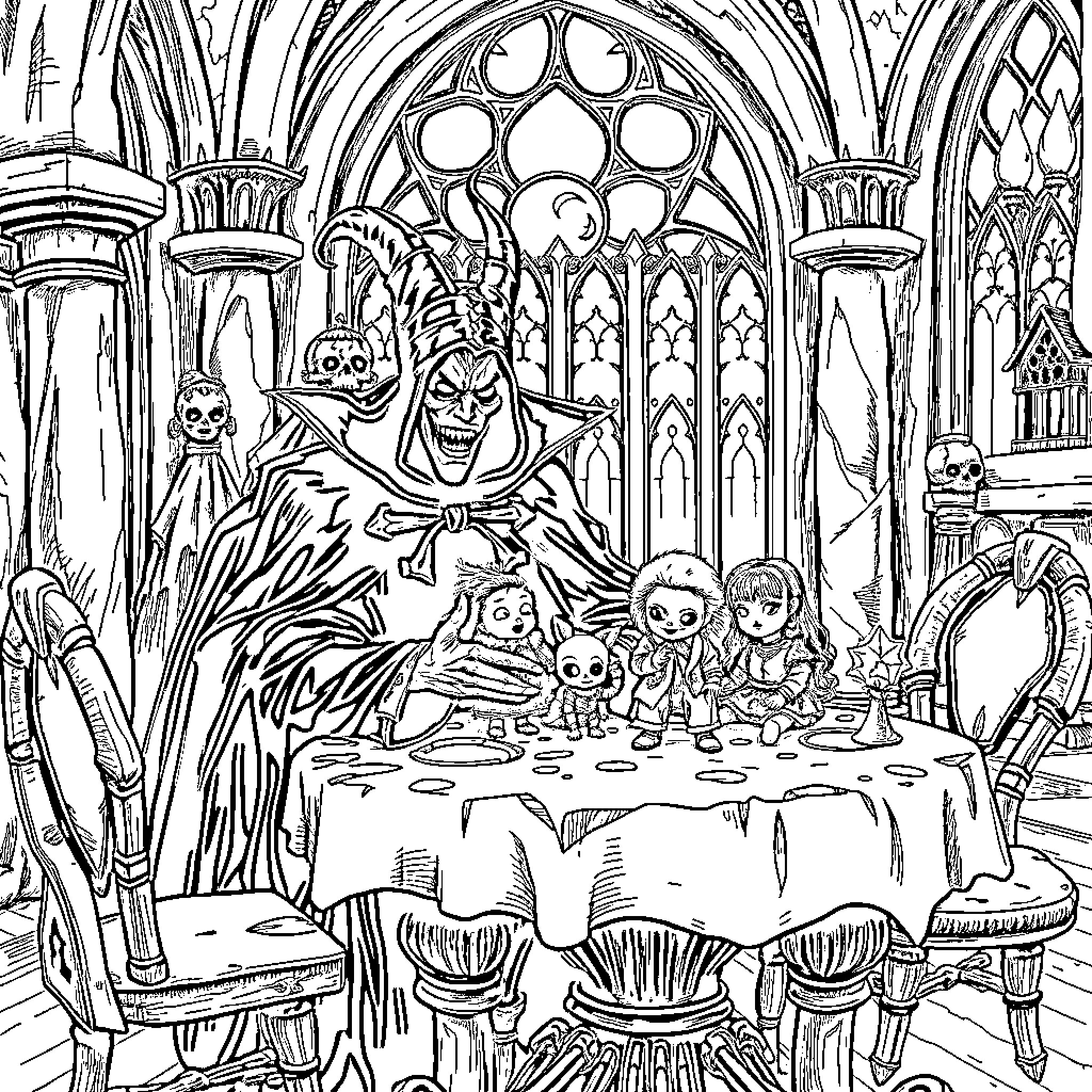 Villain's Sinister Feast in Gothic Cathedral Coloring Page (free black-and-white line drawing printable PDF for all, from beginners to advanced learners, including children, teens, adults, and seniors)