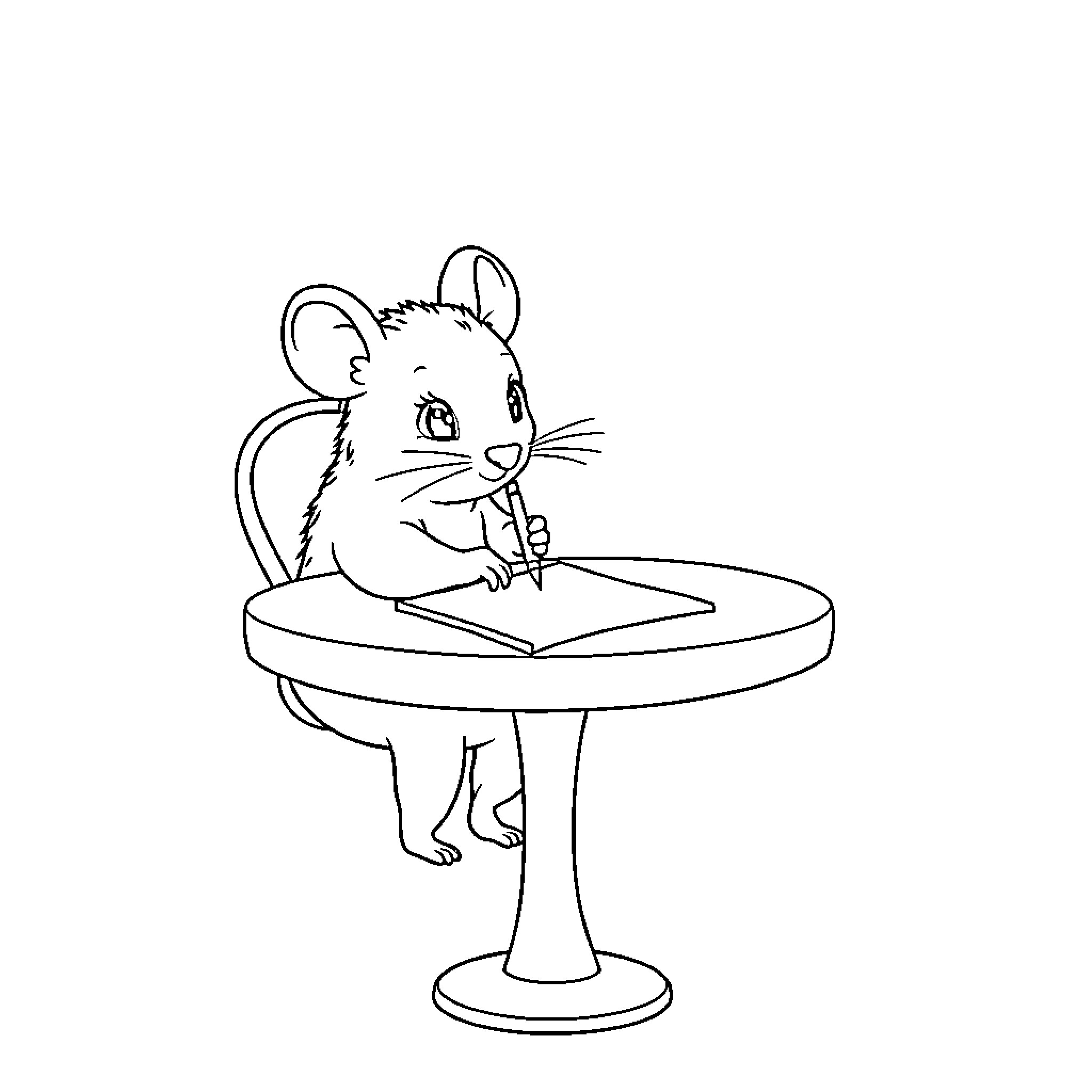 Mouse studying diligently at a desk Coloring Page (free black-and-white line drawing printable PDF for all, from beginners to advanced learners, including children, teens, adults, and seniors)