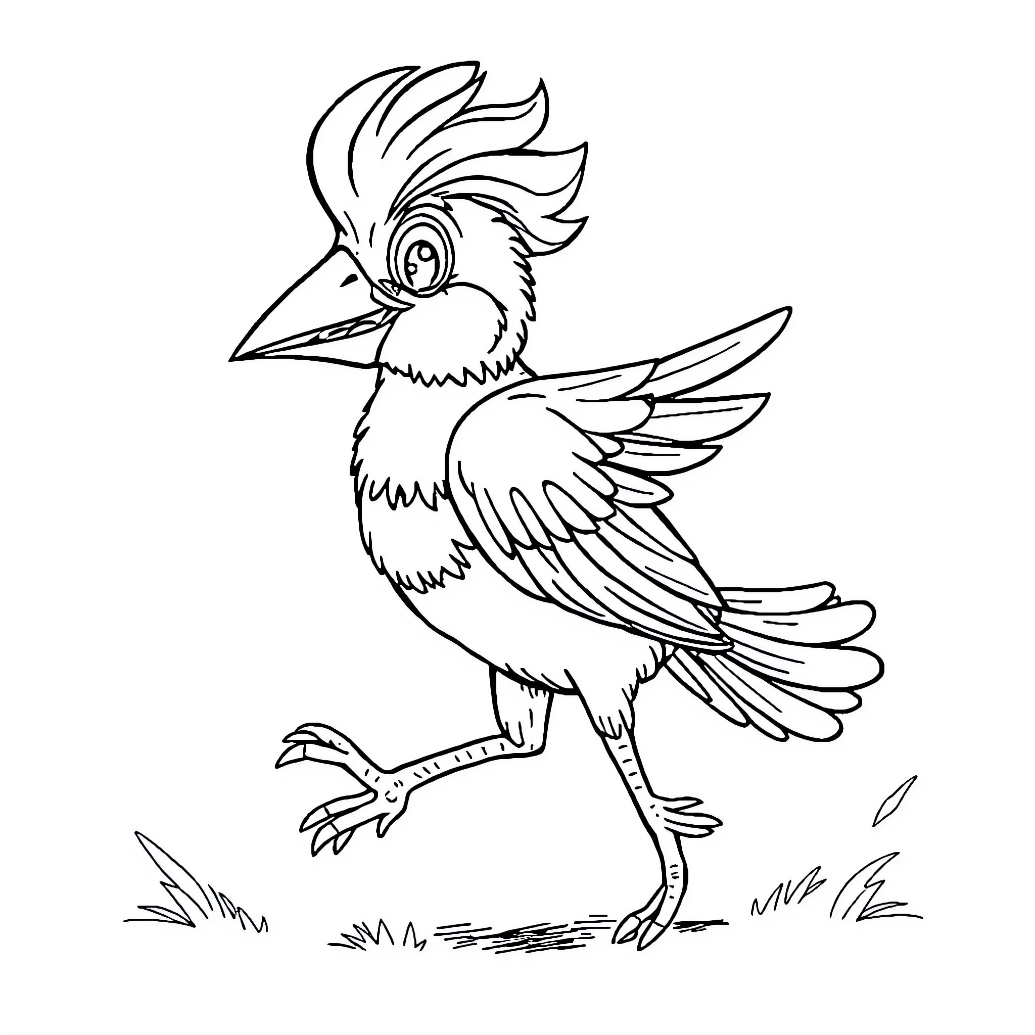 Wacko Bird with Flamboyant Feathers and Comical Stance Coloring Page (free black-and-white line drawing printable PDF for all, from beginners to advanced learners, including children, teens, adults, and seniors)