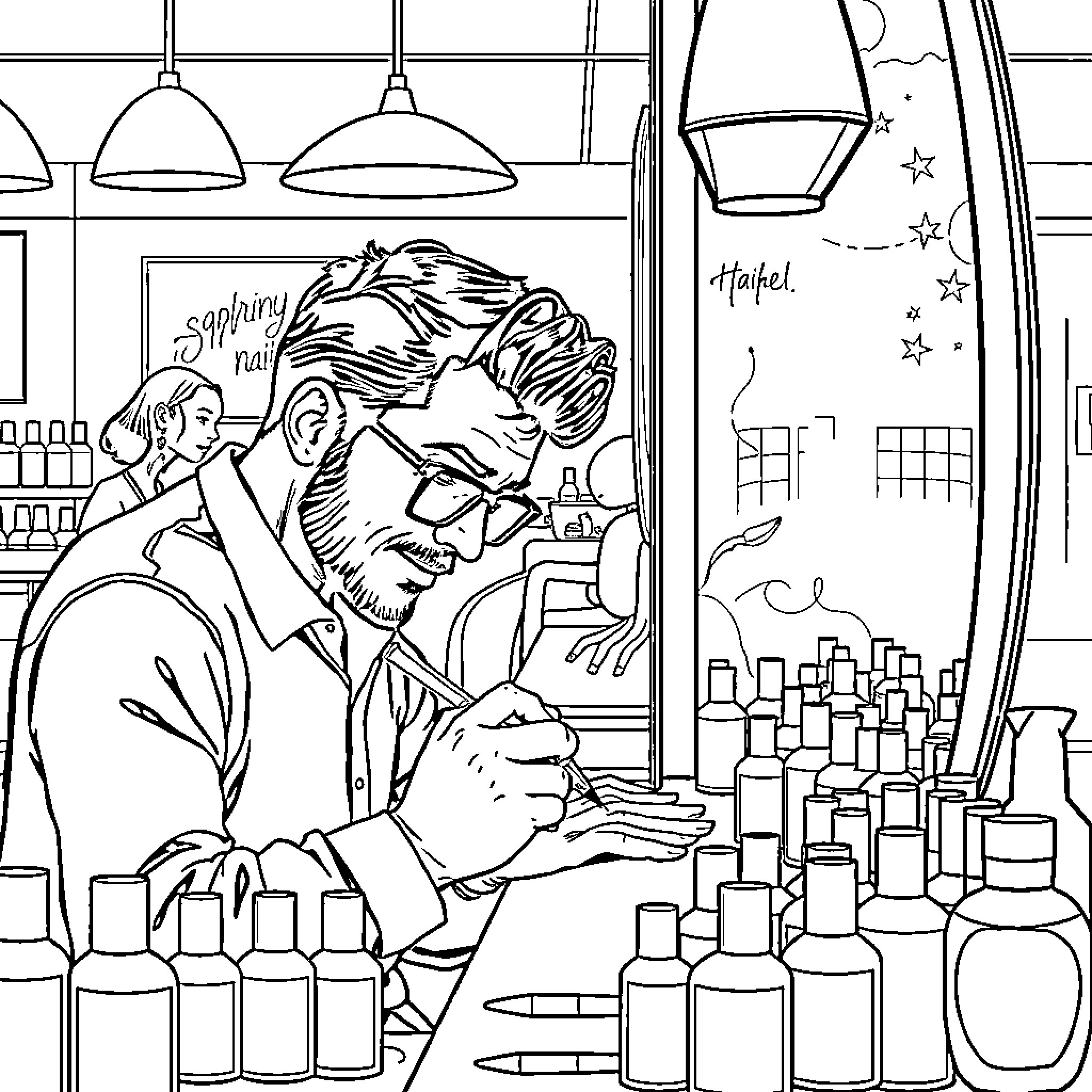 Michael Myers at the Barber Shop Coloring Page (free black-and-white line drawing printable PDF for all, from beginners to advanced learners, including children, teens, adults, and seniors)