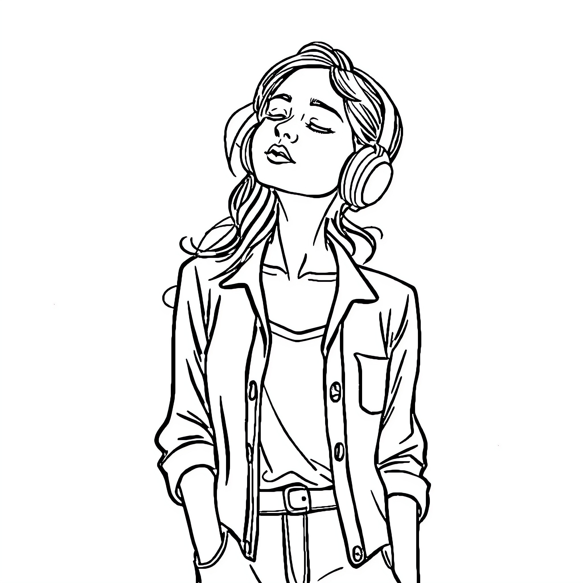 Sleep Token - Young Woman Listening to Music Coloring Page (free black-and-white line drawing printable PDF for all, from beginners to advanced learners, including children, teens, adults, and seniors)