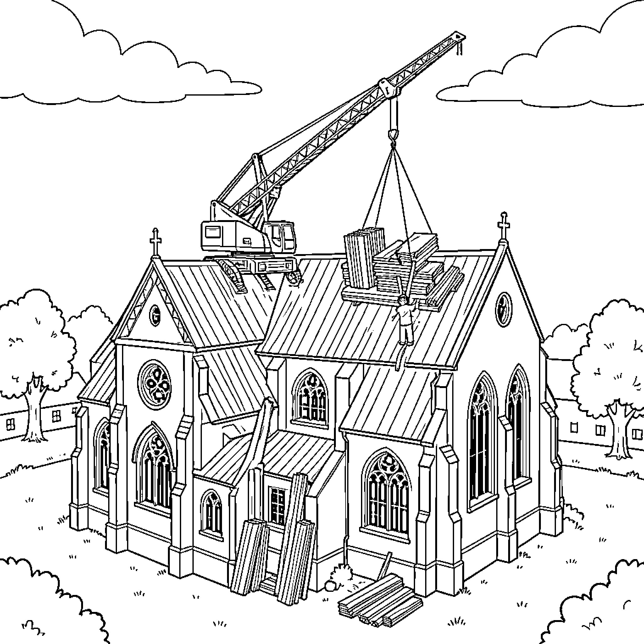 Grue crane lifting construction materials onto a building roof Coloring Page (free black-and-white line drawing printable PDF for all, from beginners to advanced learners, including children, teens, adults, and seniors)