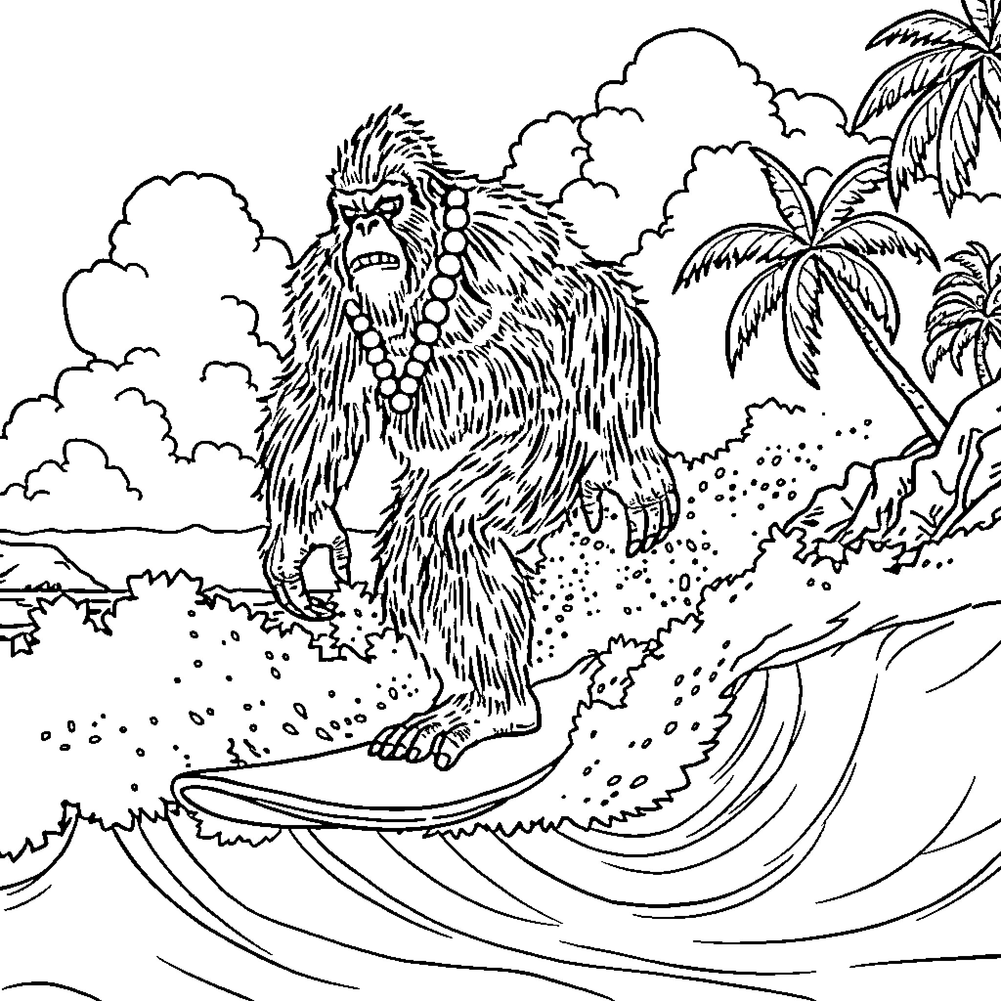 Bigfoot surfing amidst tropical foliage Coloring Page (free black-and-white line drawing printable PDF for all, from beginners to advanced learners, including children, teens, adults, and seniors)