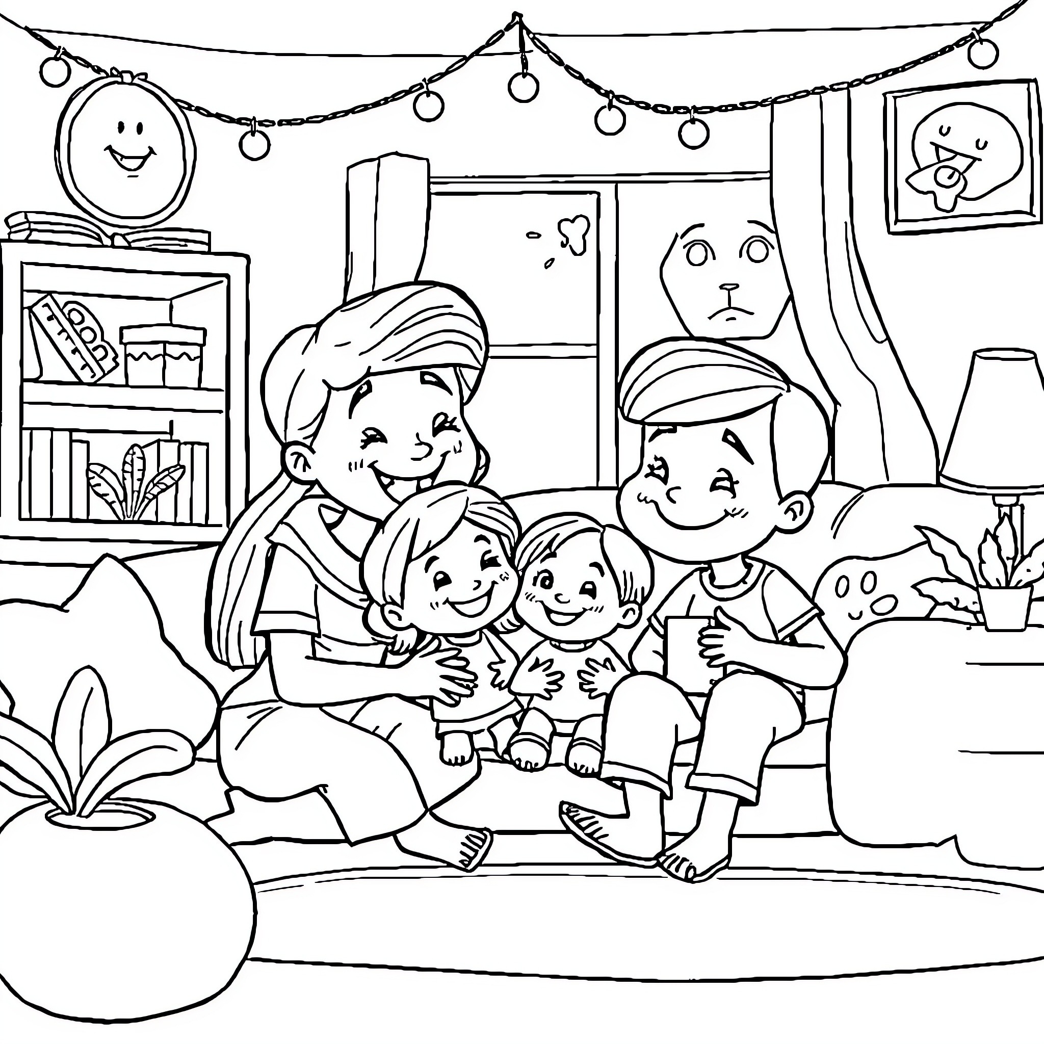 Bluey's Family Gathering with Festive Decor Coloring Page (free black-and-white line drawing printable PDF for all, from beginners to advanced learners, including children, teens, adults, and seniors)