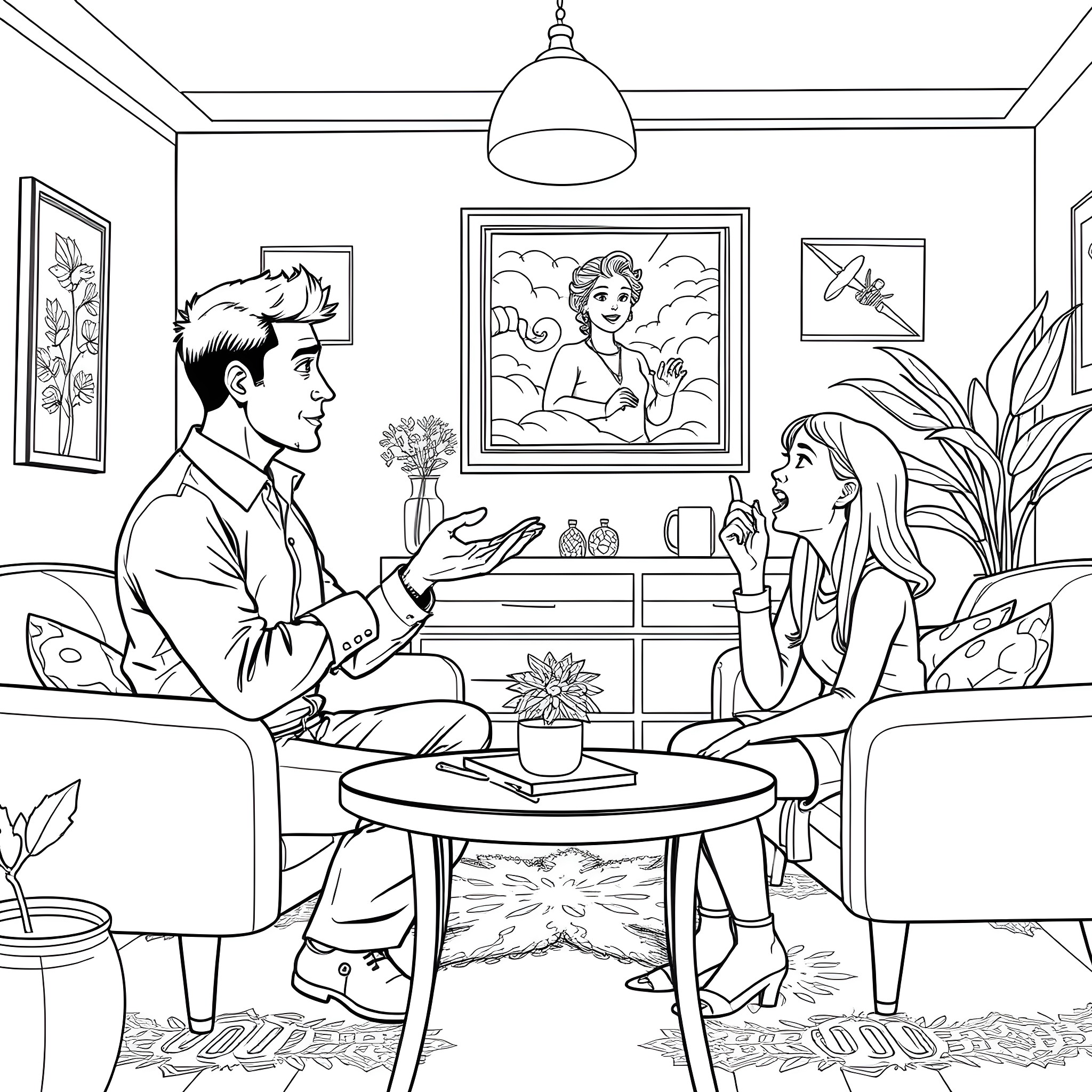 Therapist session with patient in modern room Coloring Page (free black-and-white line drawing printable PDF for all, from beginners to advanced learners, including children, teens, adults, and seniors)