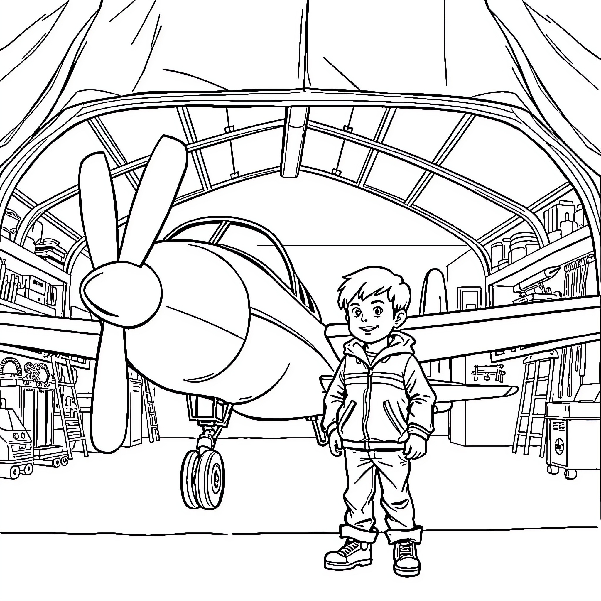 Boy exploring an airplane hangar with propeller plane Coloring Page (free black-and-white line drawing printable PDF for all, from beginners to advanced learners, including children, teens, adults, and seniors)